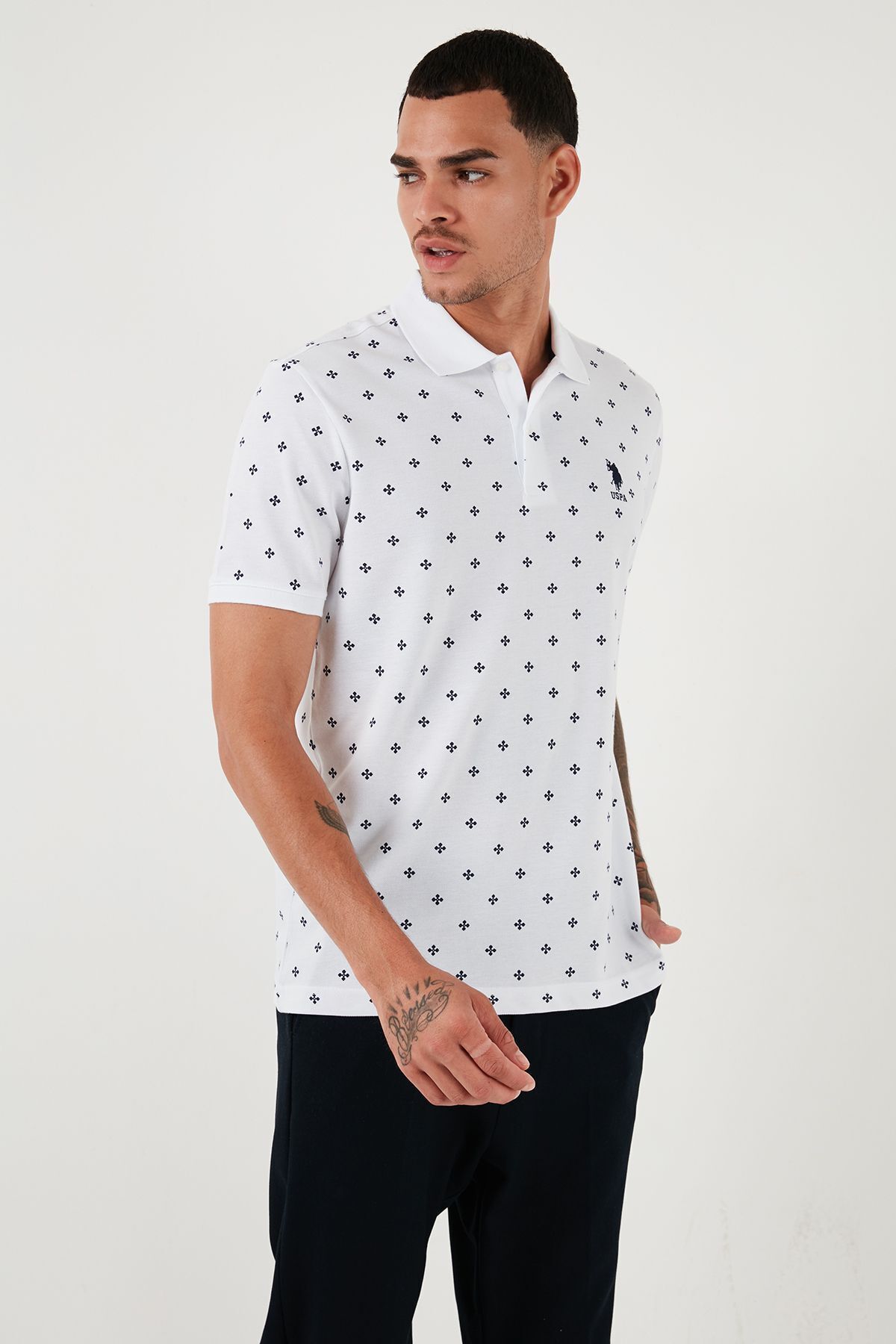 تی شرت یقه پولو سفید مردانه پایه پنبه چوگان به طور منظم تناسب YAKA U.S. Polo Assn.