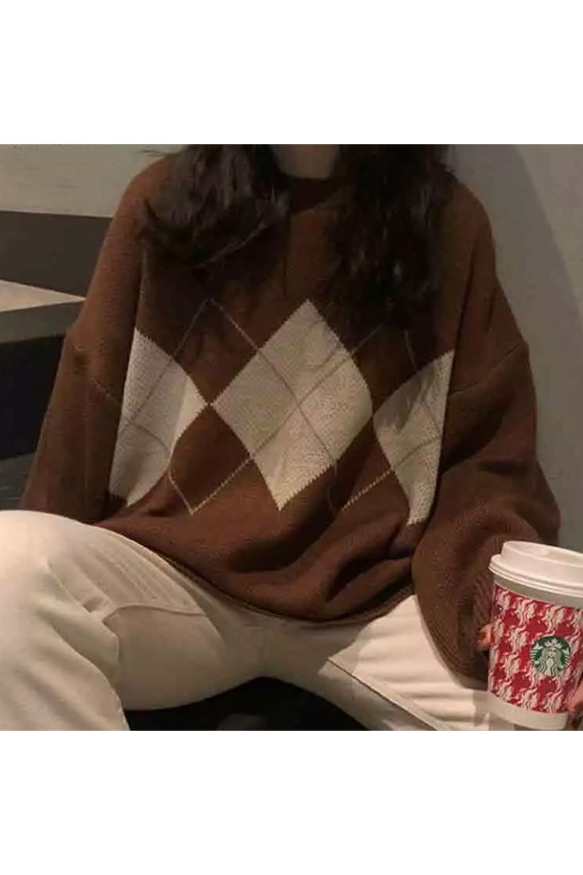 Köstebek-Plaid Patterned Retro Vintage Oversize Sweater - Diamond Design 2