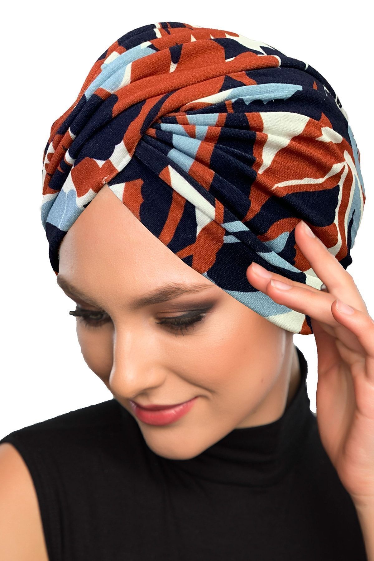 fidan bone-Sapling Patterned Cross Combed Cotton Tulip and Leaf Motif Four Colored Ready-Made Turban Hijab Pool Bonnet 5