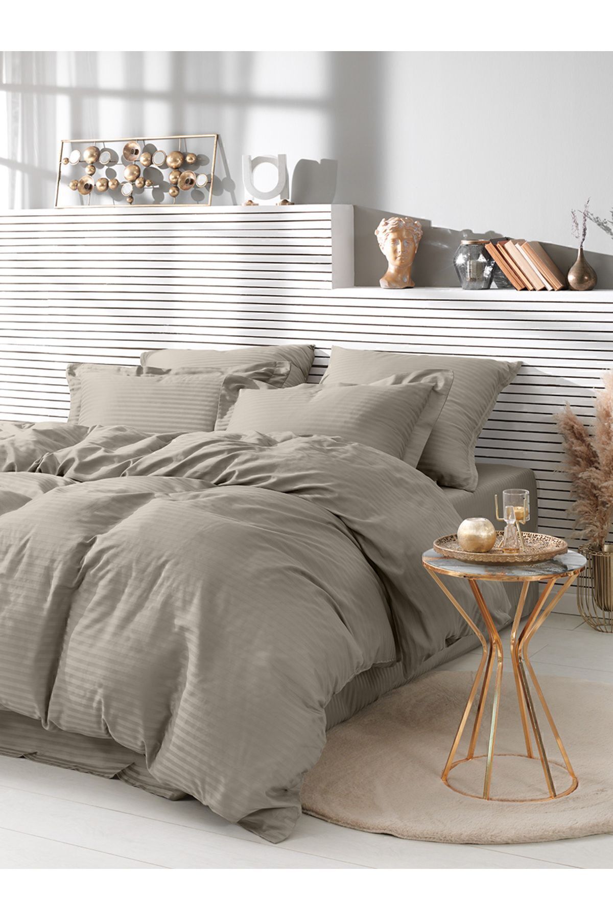 کاور لحاف دو نفره نود نوار نواری دوتایی نخی ساتن بژ Karna Home