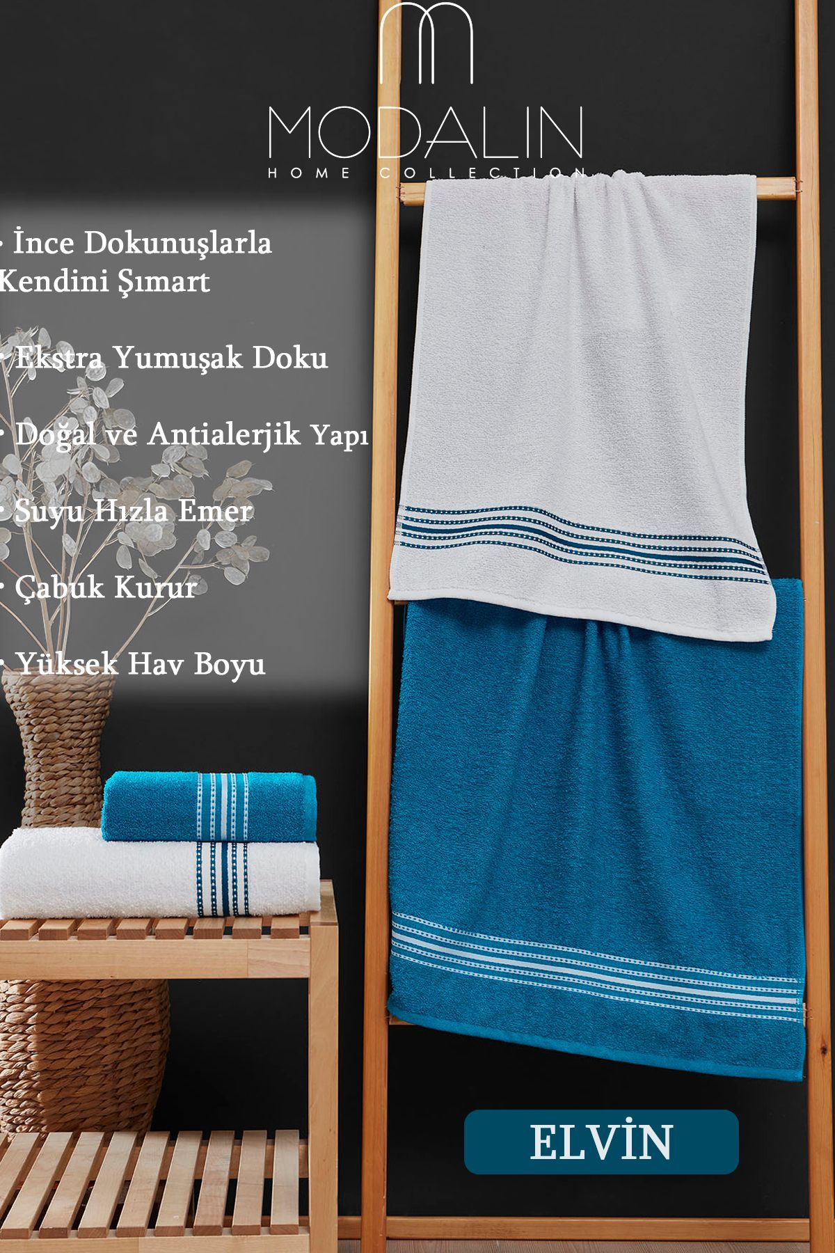 MODALİN-4dílná sada osušek Elvin Turquoise - 70 X 140 2