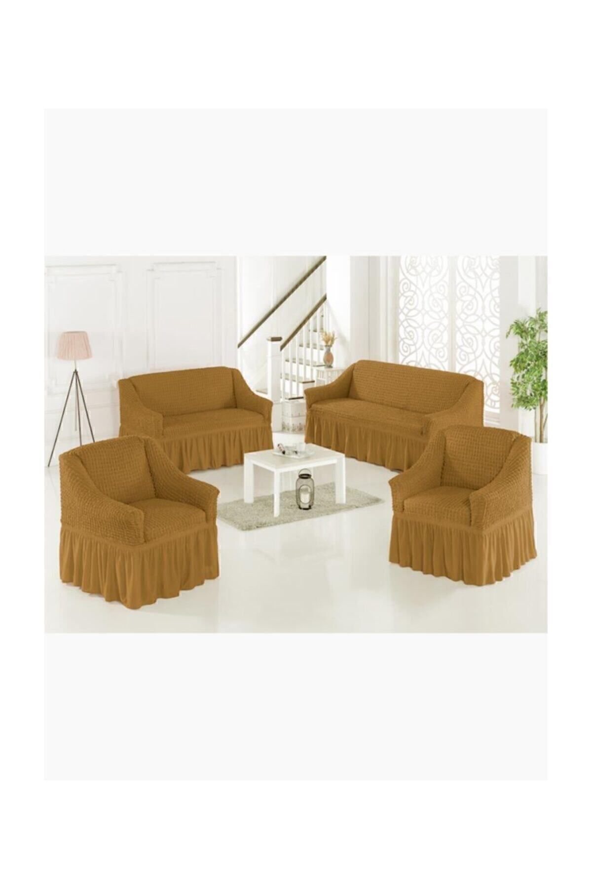 روکش مبل سفید پنبه 3+2+1+1 صندلی خردل Karna Home