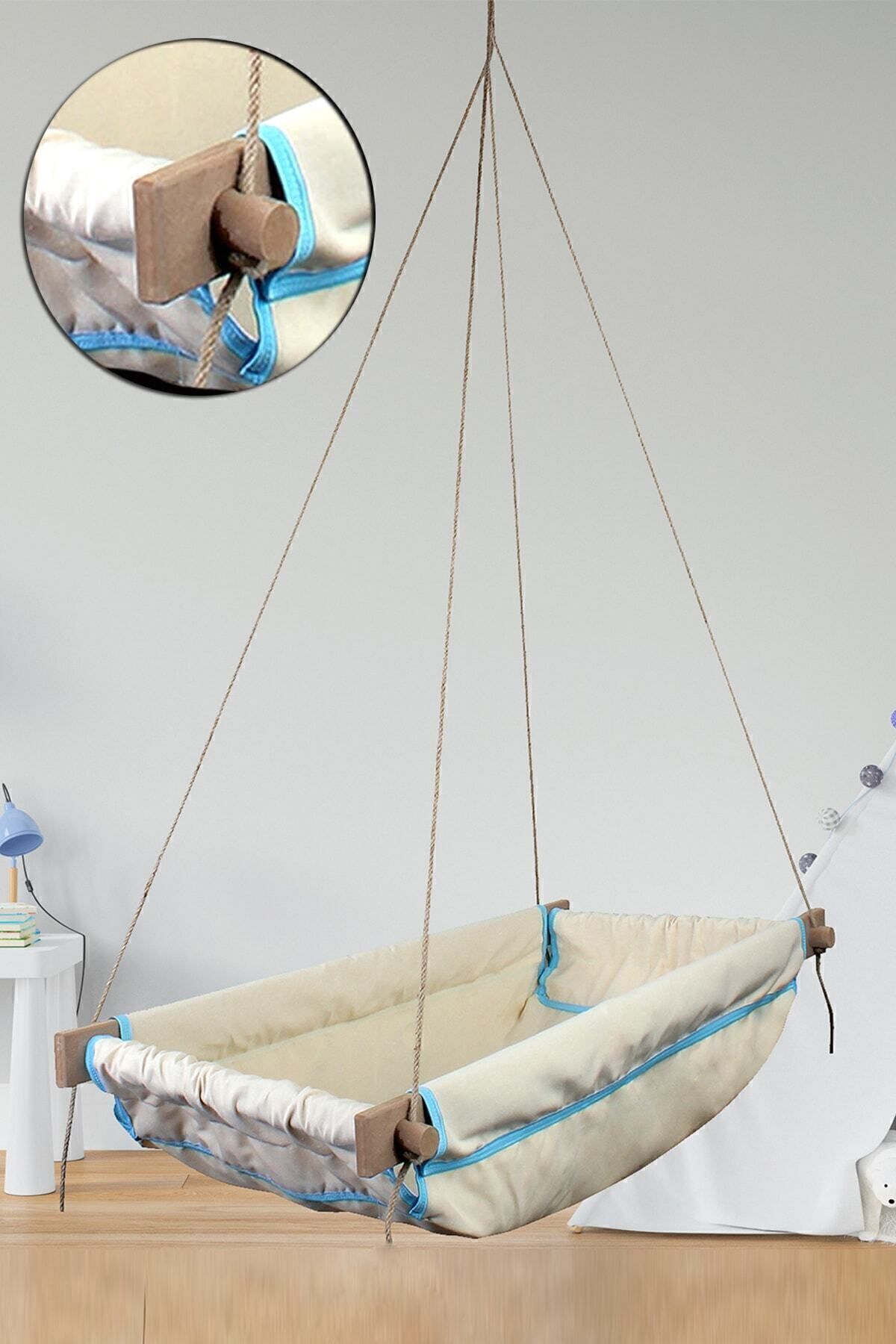 Bundera Wise Mavi Ahşap Yaylı Zıpzıp Hamak Beşik Hoppala Tavana Asılan Salıncak Bebek Yatağı Jüt Halatlı fotoğrafı 5 (önizleme)