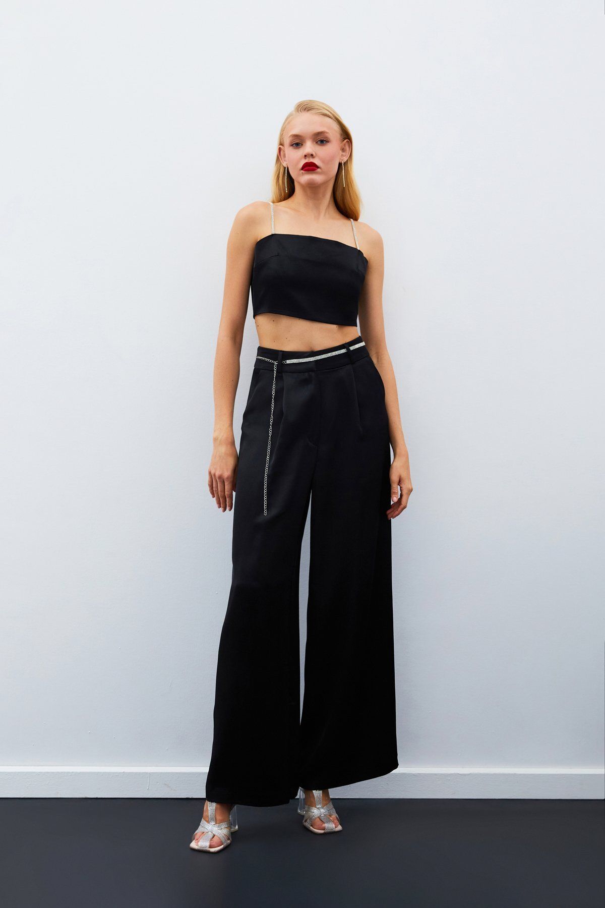 Sateen-Stone Belted Satin Trousers - Black 4