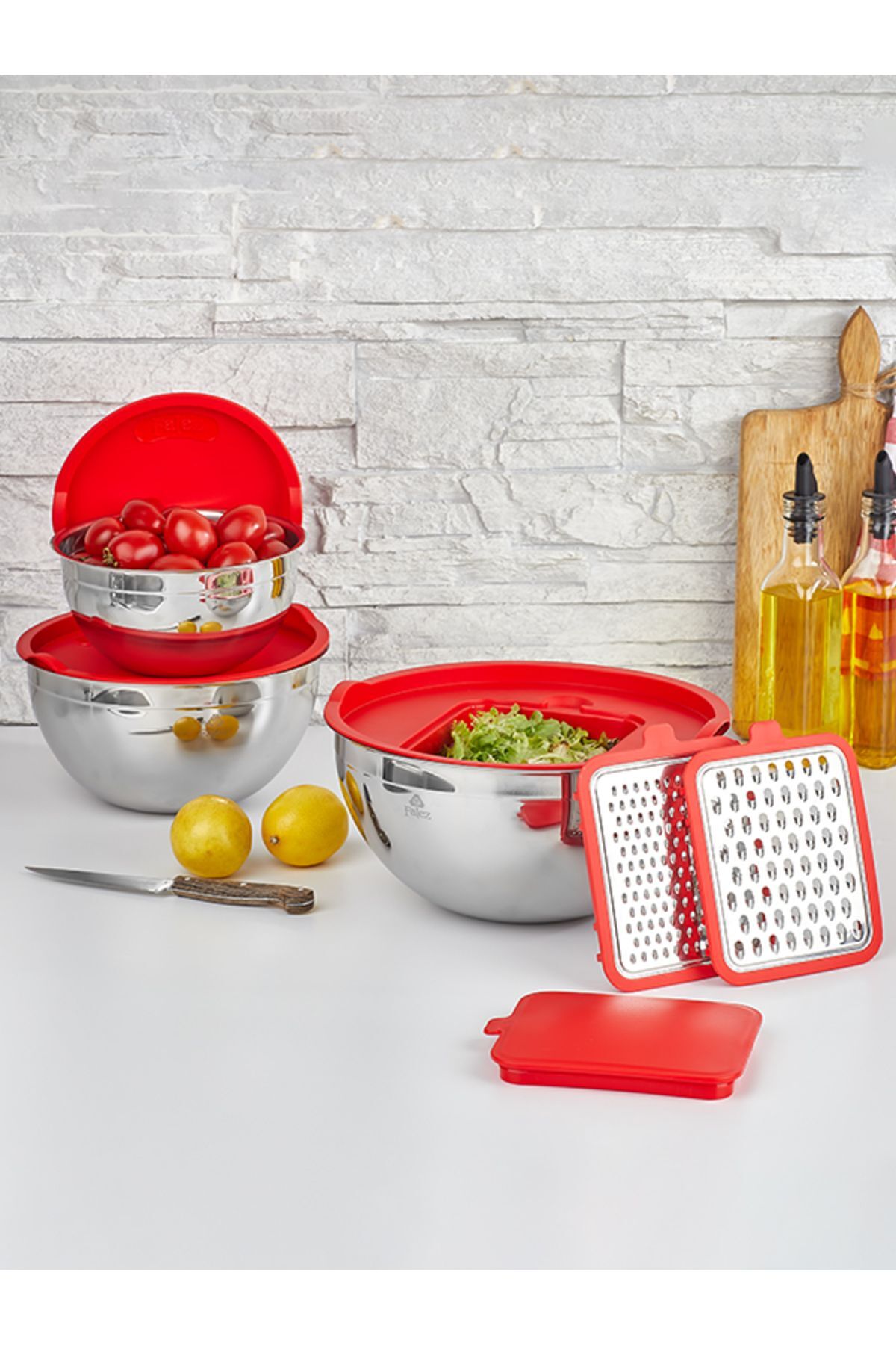 Falez Cookcase 9 Parça Akasya Rendeli Çelik Saklama Kabı Kırmızı