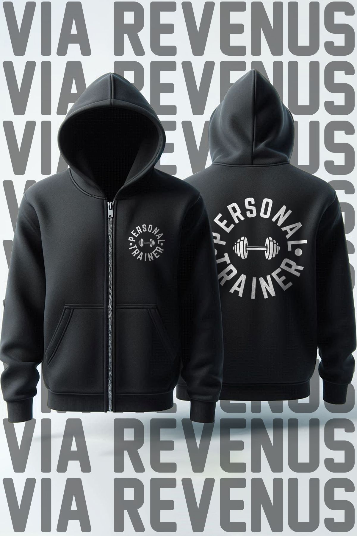 Personal Trainer Ön ve Arka Baskılı Unisex Fermuarlı Kapüşonlu Sweatshirt Hırka — مشکی F1209PersonalTrainer