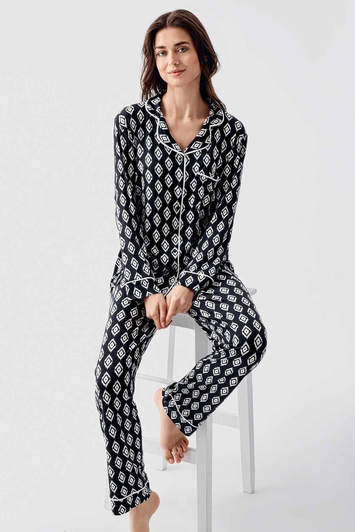 Artış-Flexible Lycra Viscous Pajama Set - Long Sleeve and Buttoned 2