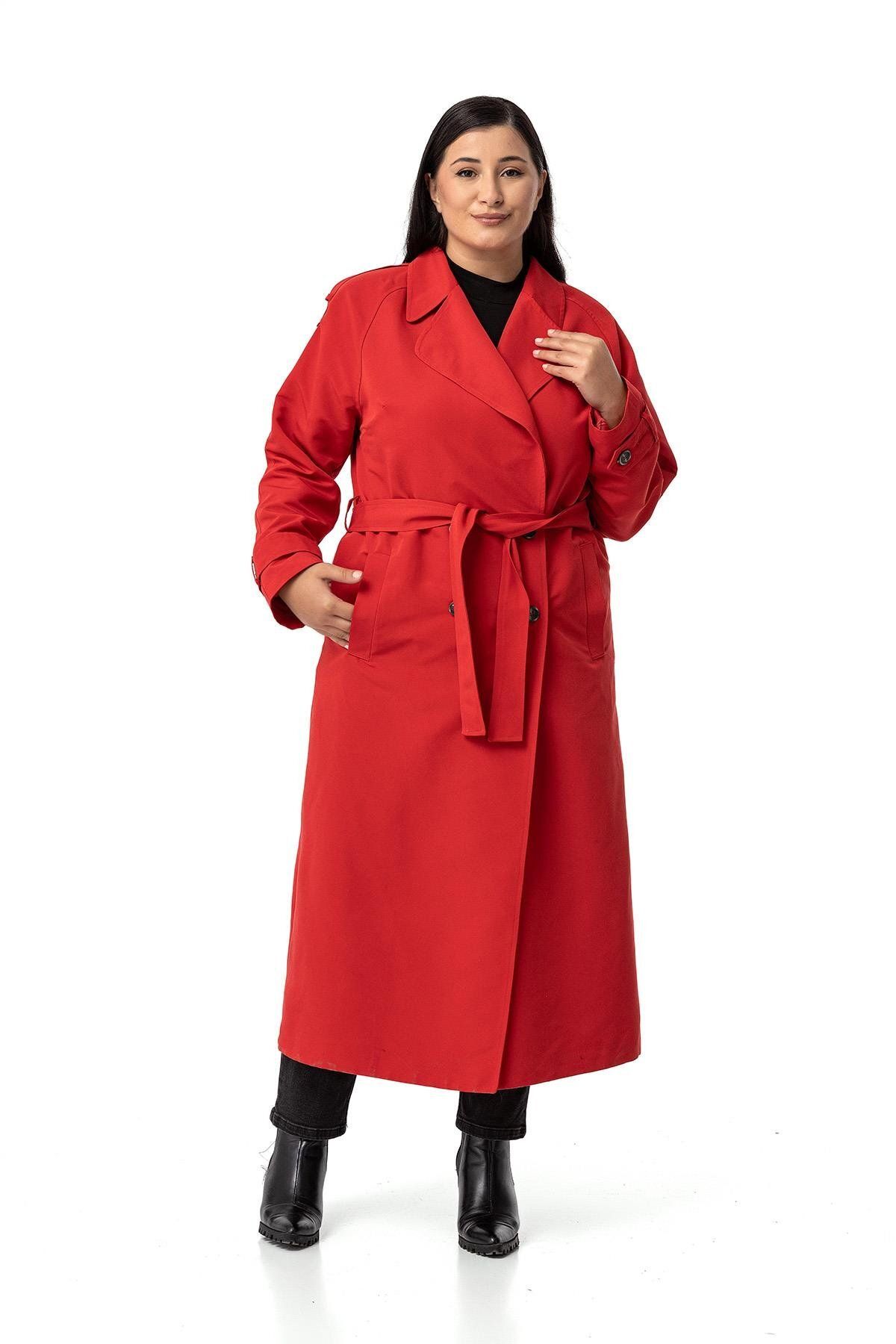 Büyük Beden Mono Yaka Kruvaze Kapamalı Yırtmaçlı Astarlı Uzun Kırmızı Trençkot