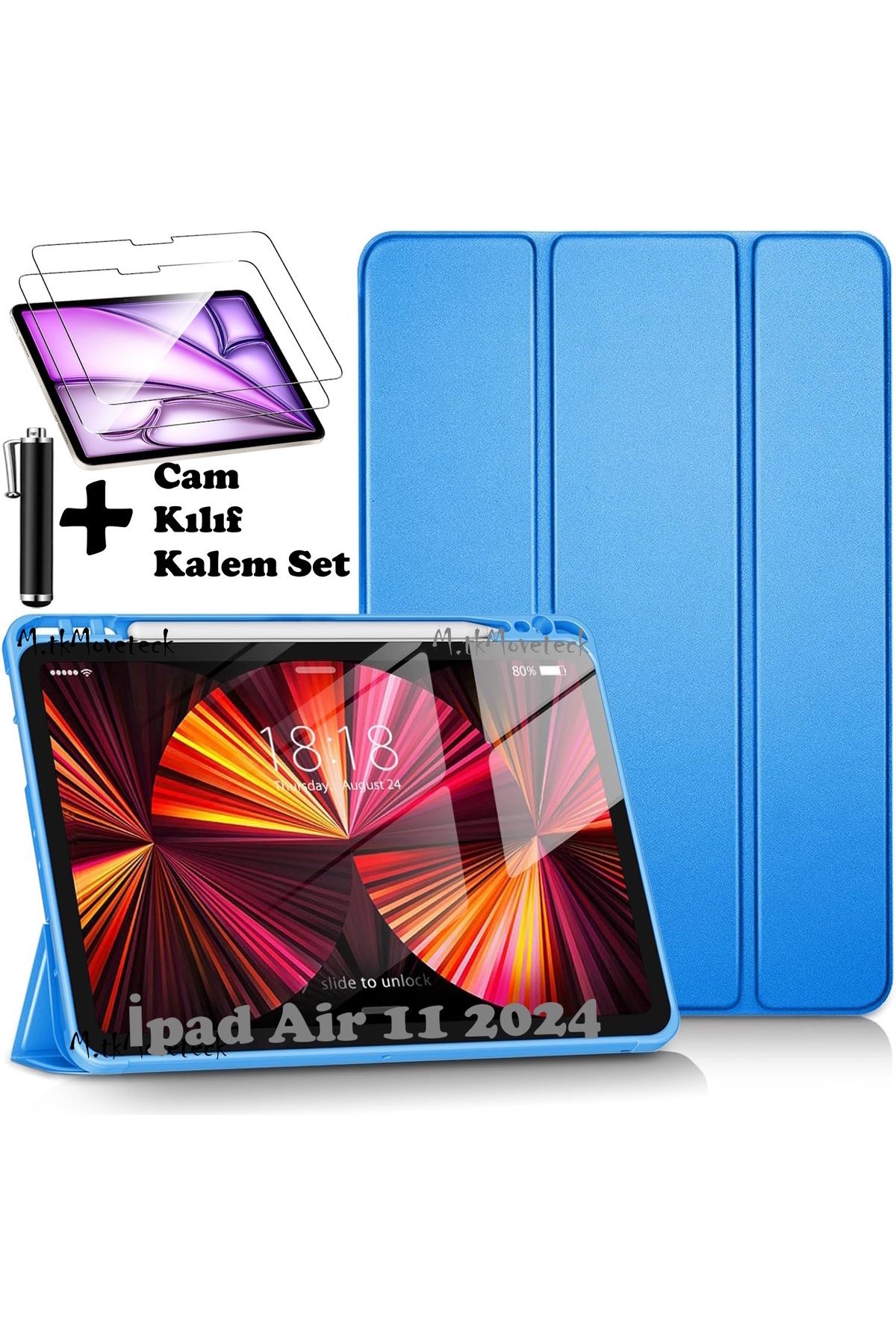 IPad Air 11 2024 Compatible Case Smart Smart Sleep Mode Pen Set with Compartment Color Stand + Glass + Pen Set