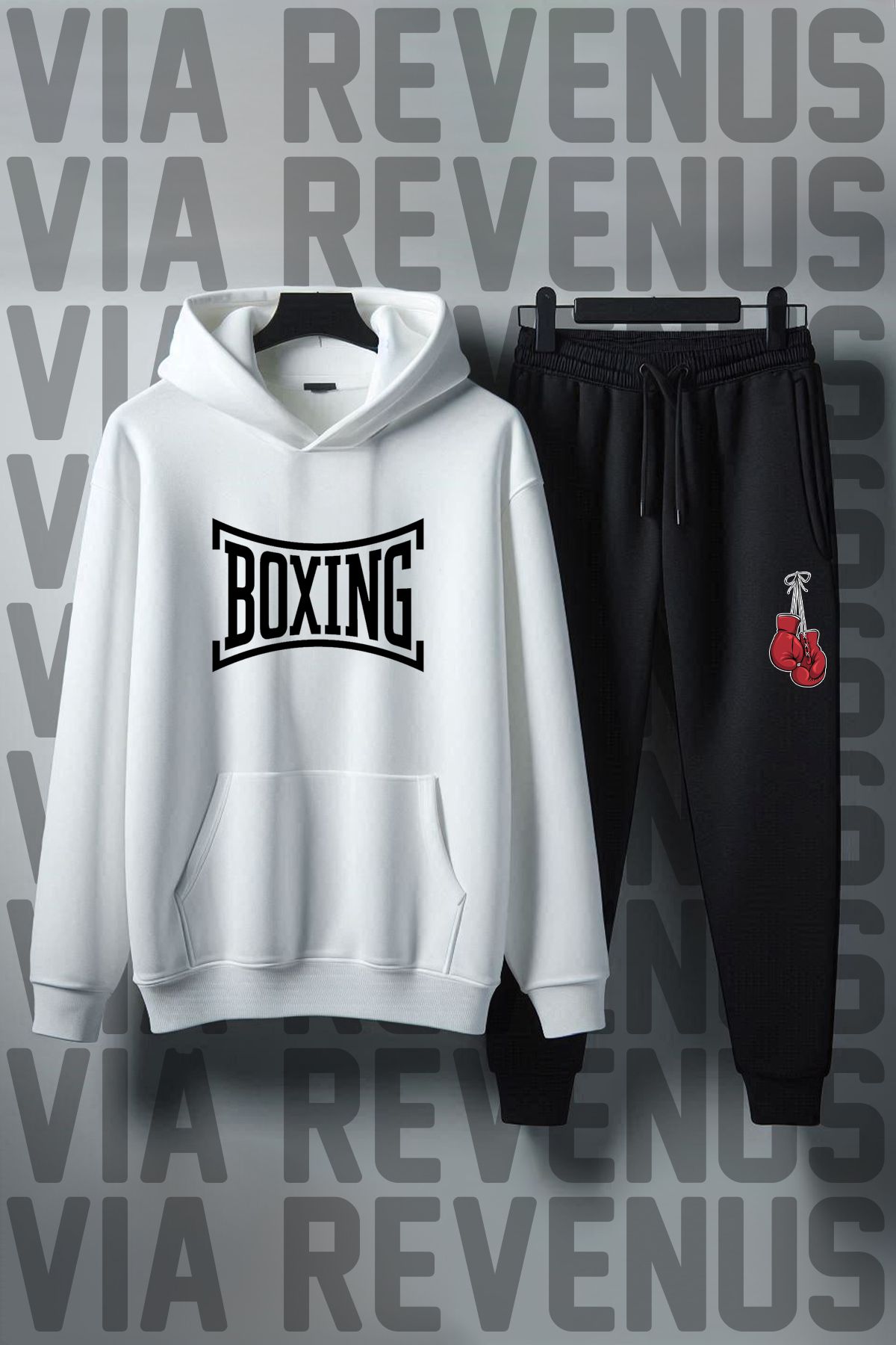 Vordevia Boks Eldiveni Baskılı Unisex Geniş Kalıp Yumuşak Kumaş Kapüşonlu Eşofman Takımı