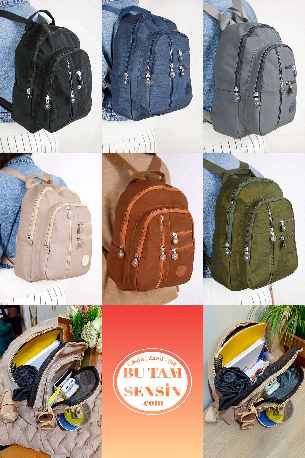 Bu Tam Sensin  Siyah Kadın Su Geçirmez Krinkıl Kumaşlı Fermuarlı 5 Bölmeli Tutma Saplı Orta Boy Sırt Çantası - Görsel 9