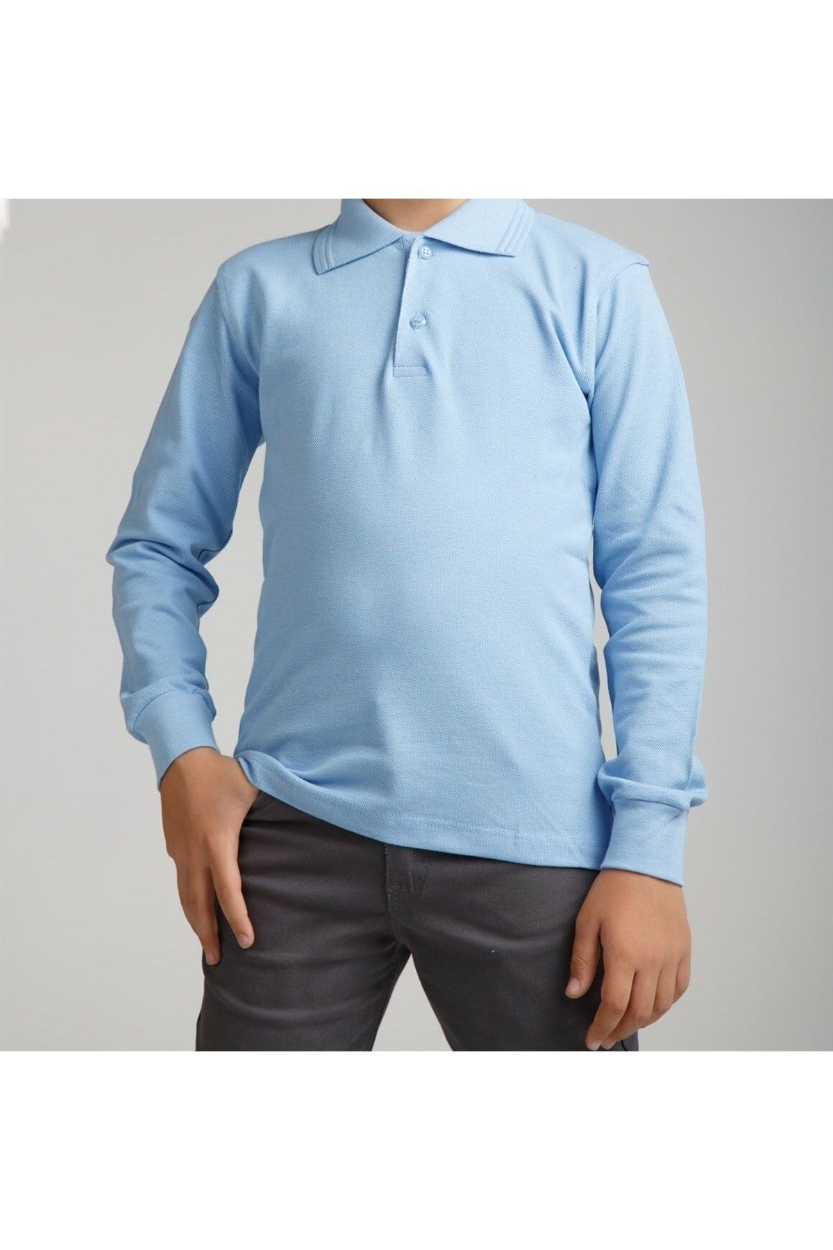 QKK Mavi Polo Yaka Lakost T-shirt Uzun Kollu Okul Tişörtü
