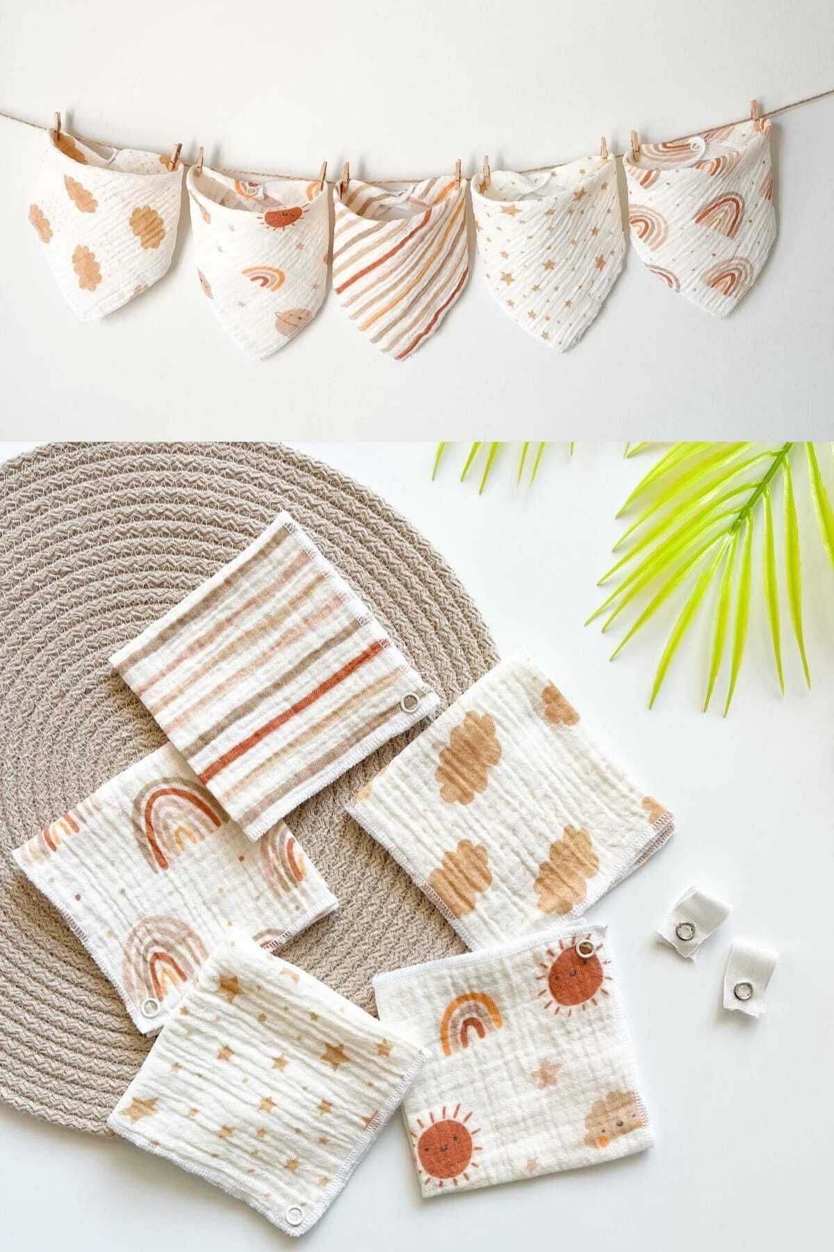Organik Müslin Çıtçıtlı Bebek Mama Önlüğü ve Bebek Ağız Mendili ( 5 Adet )