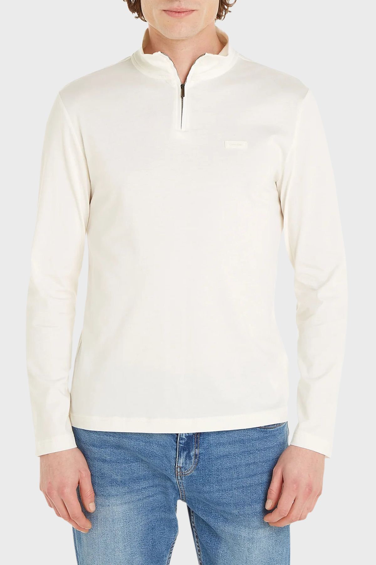 سویشرت سفید مردانه یقه Zippered Upright 100 ٪ پنبه معمولی عرق مناسب Calvin Klein