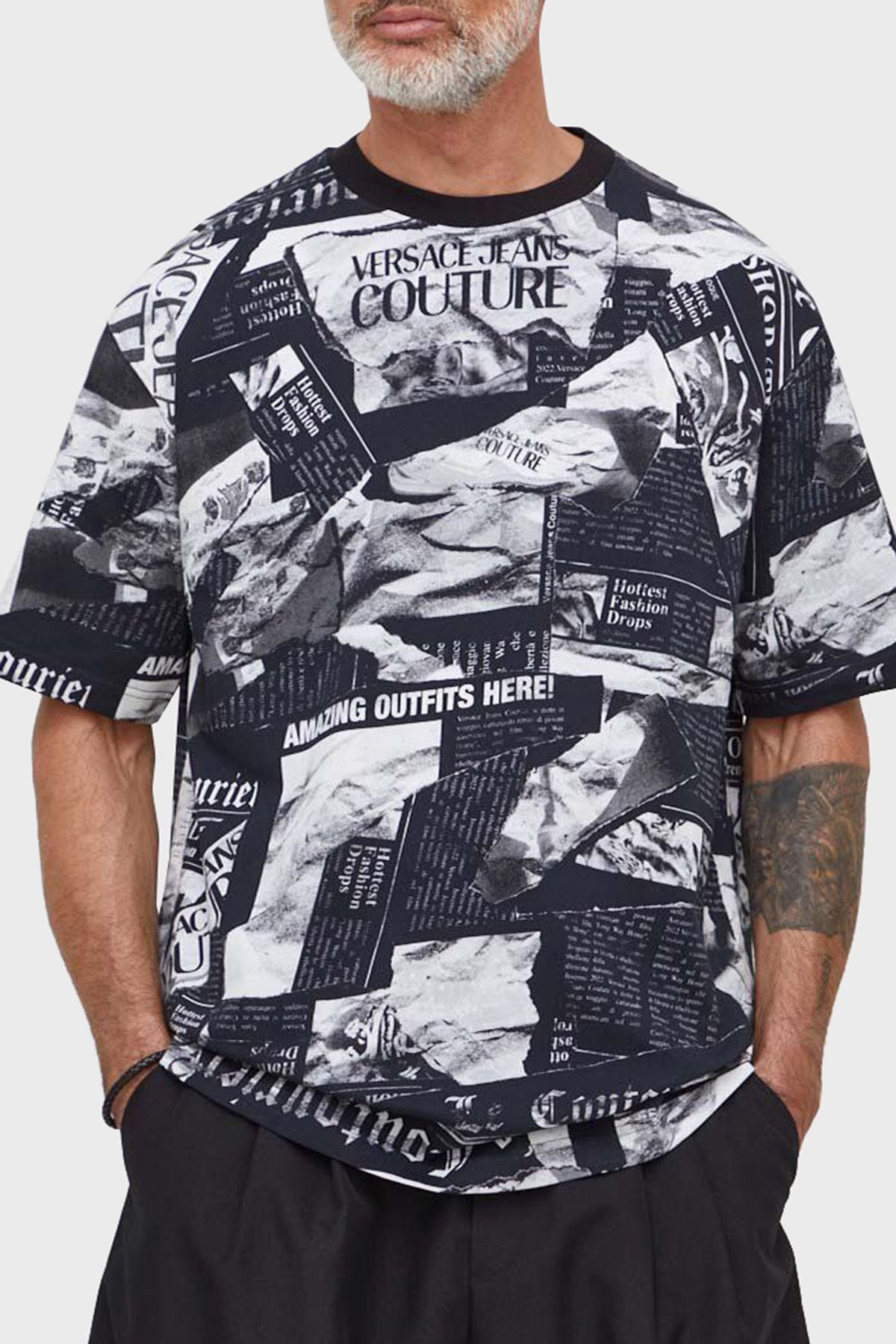 پیراهن مردانه تی شرت با یقه نخی طرح دار و مناسب 76GAH6L0 JS275 VERSACE JEANS COUTURE