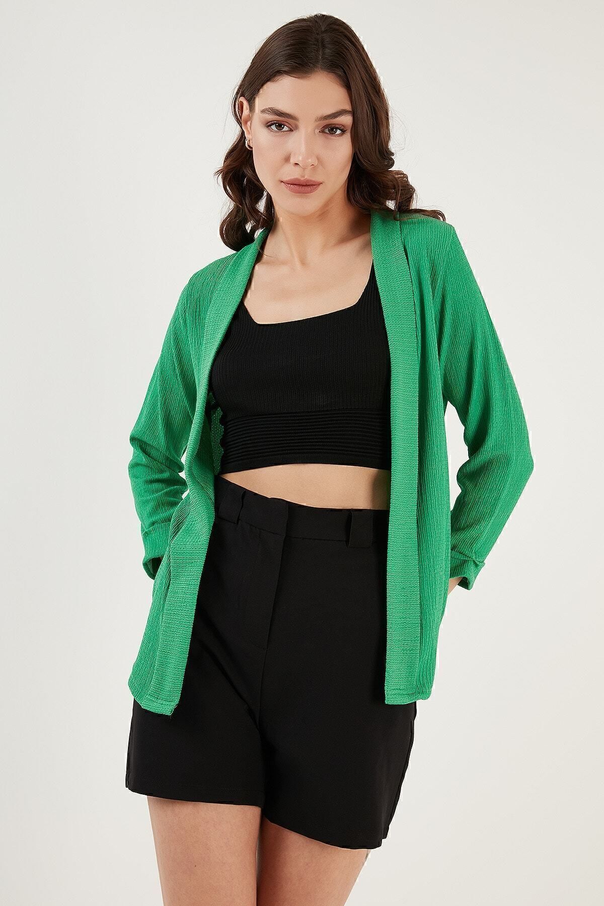 Lela-Collared and Sleeved Seersucker Kimono Cardigan Cardigan 5864974 5