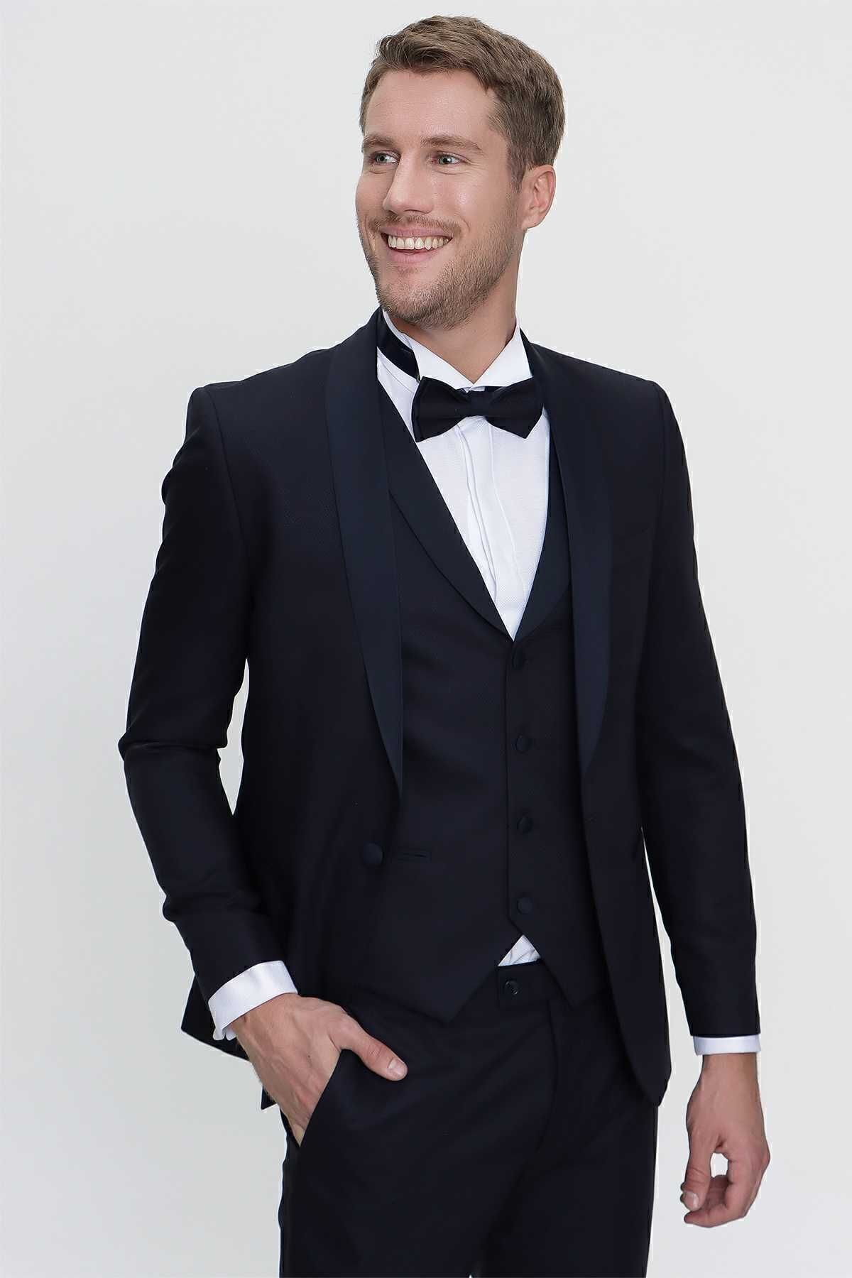 اسموکینگ آبی مردانه NAVY SLIM FIT داماد برش باریک Morven