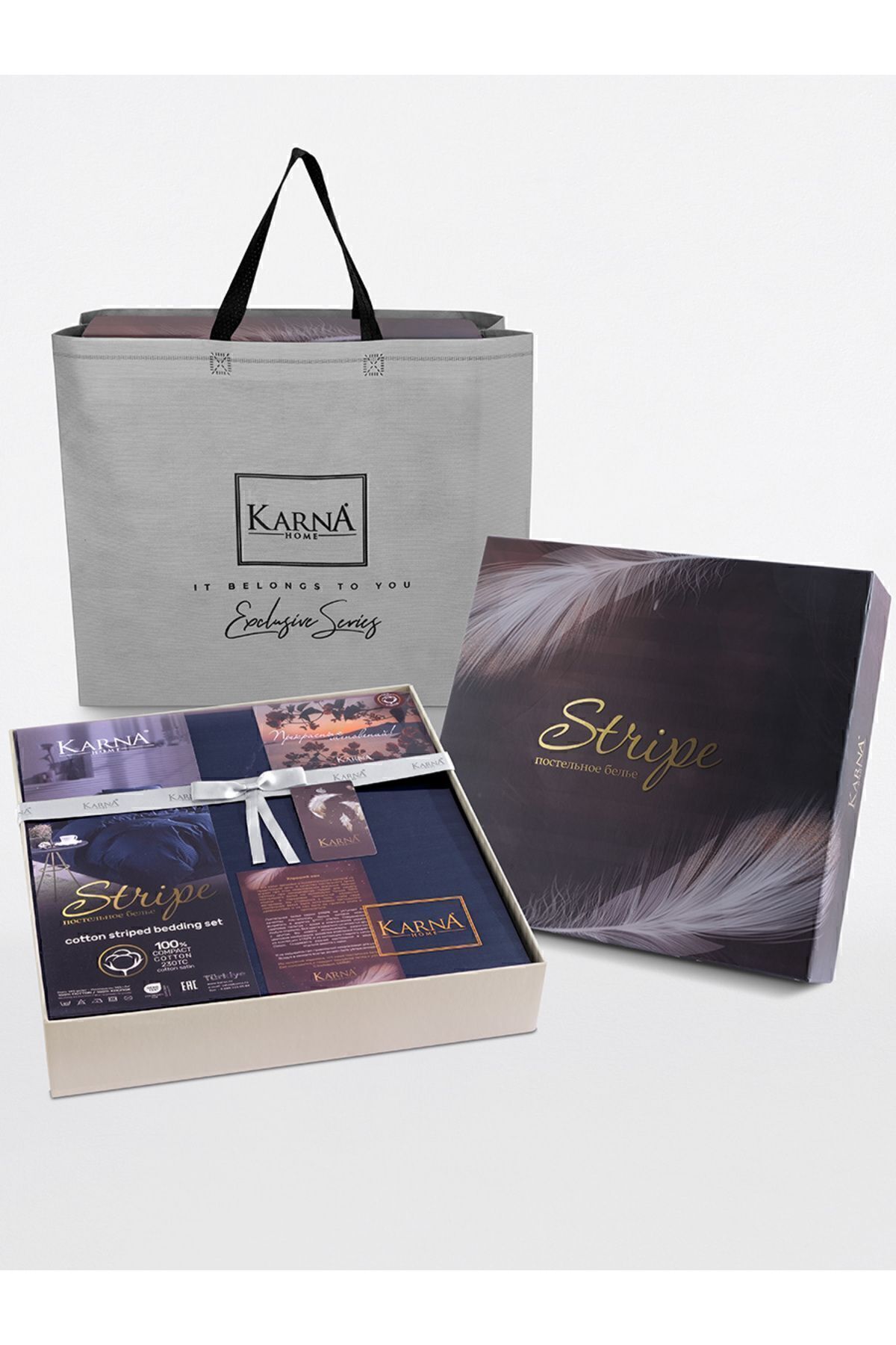 کاور لحاف دو نفره آبی نوار دوتایی ساتن پنبه ای راه راهرو رنگ Karna Home