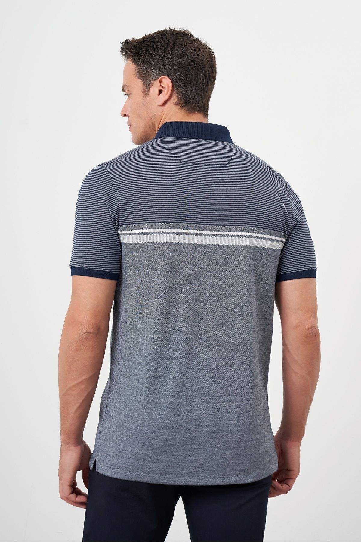Morven-Men's Navy Blue Trend Striped Polo Neck Dynamic Fit T-Shirt 5