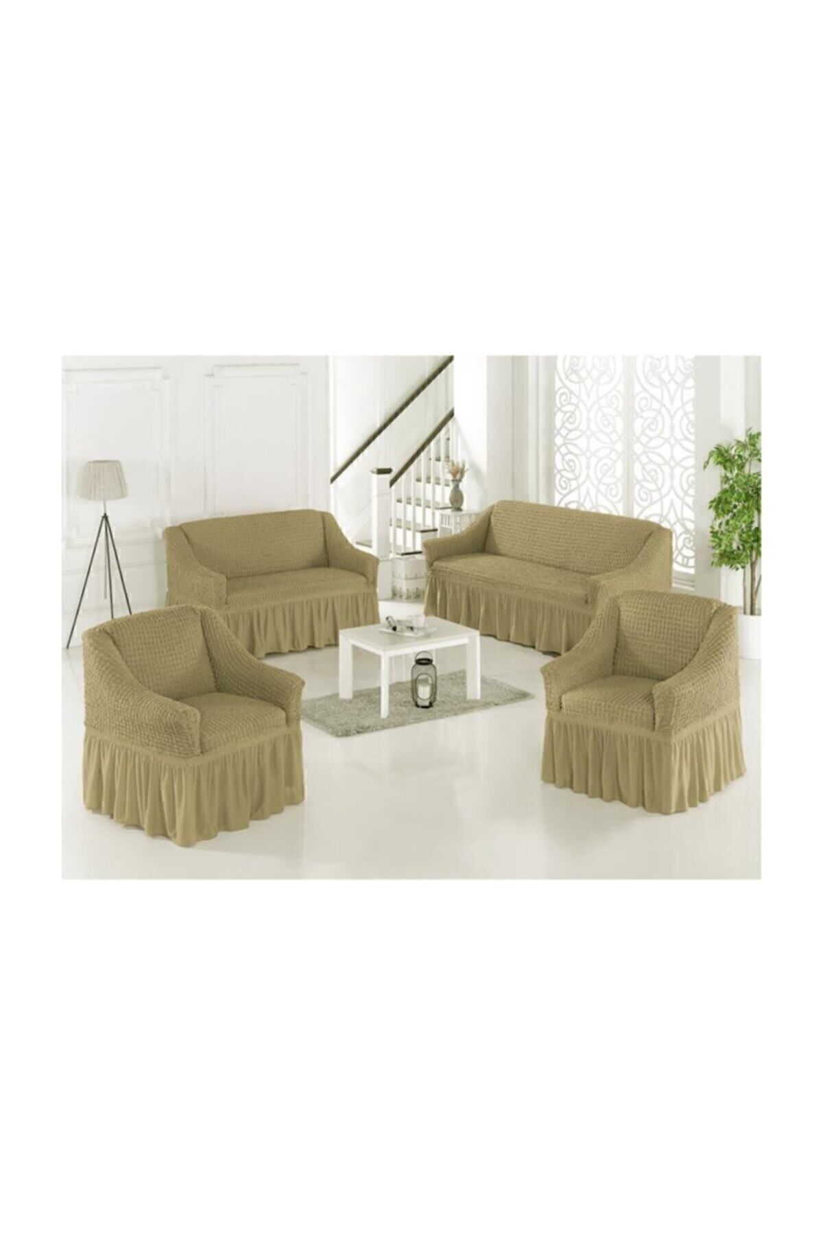 روکش مبل سفید پنبه 3+2+1+1 صندلی بژ Karna Home