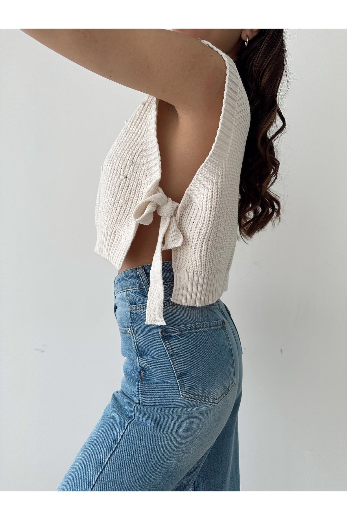 BEJNA Női Stone Side Tie Pearl részletes kötöttáru pulóver