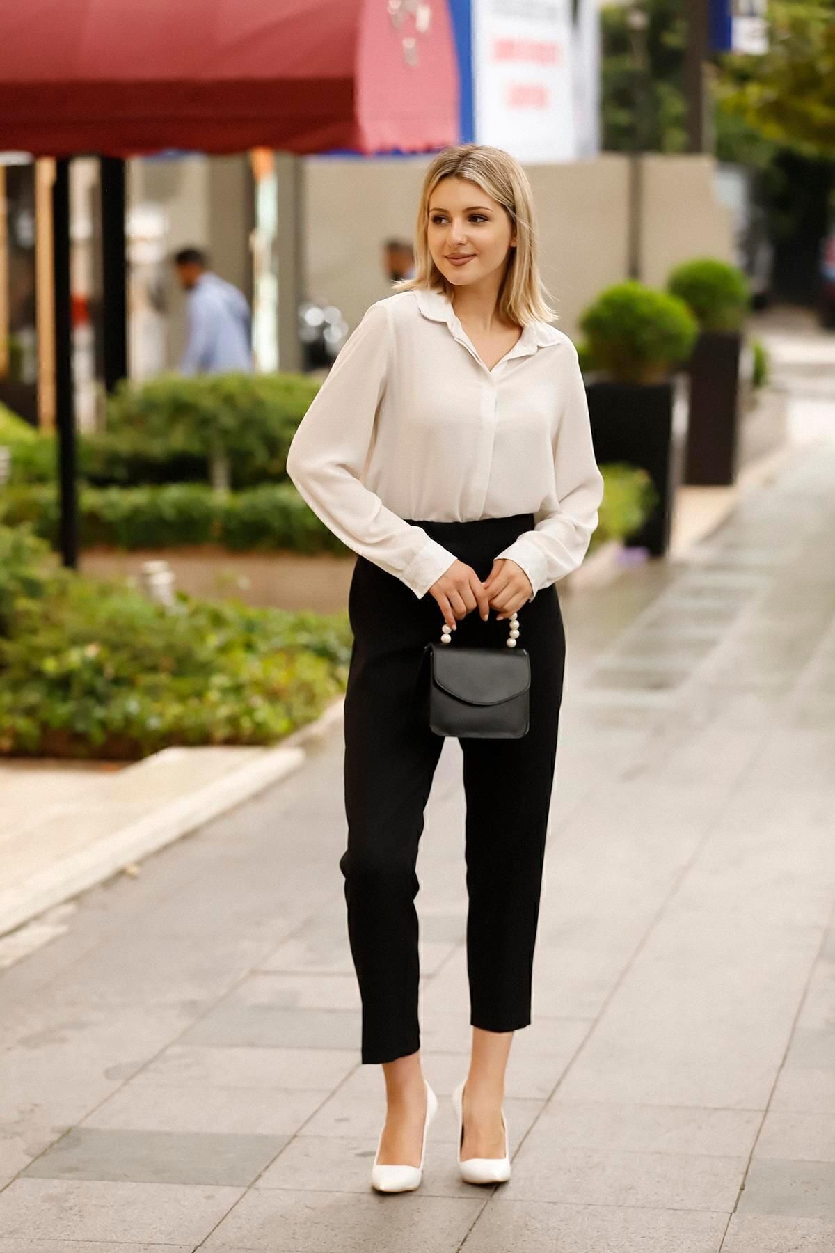 Feela Moda-1001 Pantaloni de damă țesuți cu lycra cu talie înaltă cu picior de morcov negru 5