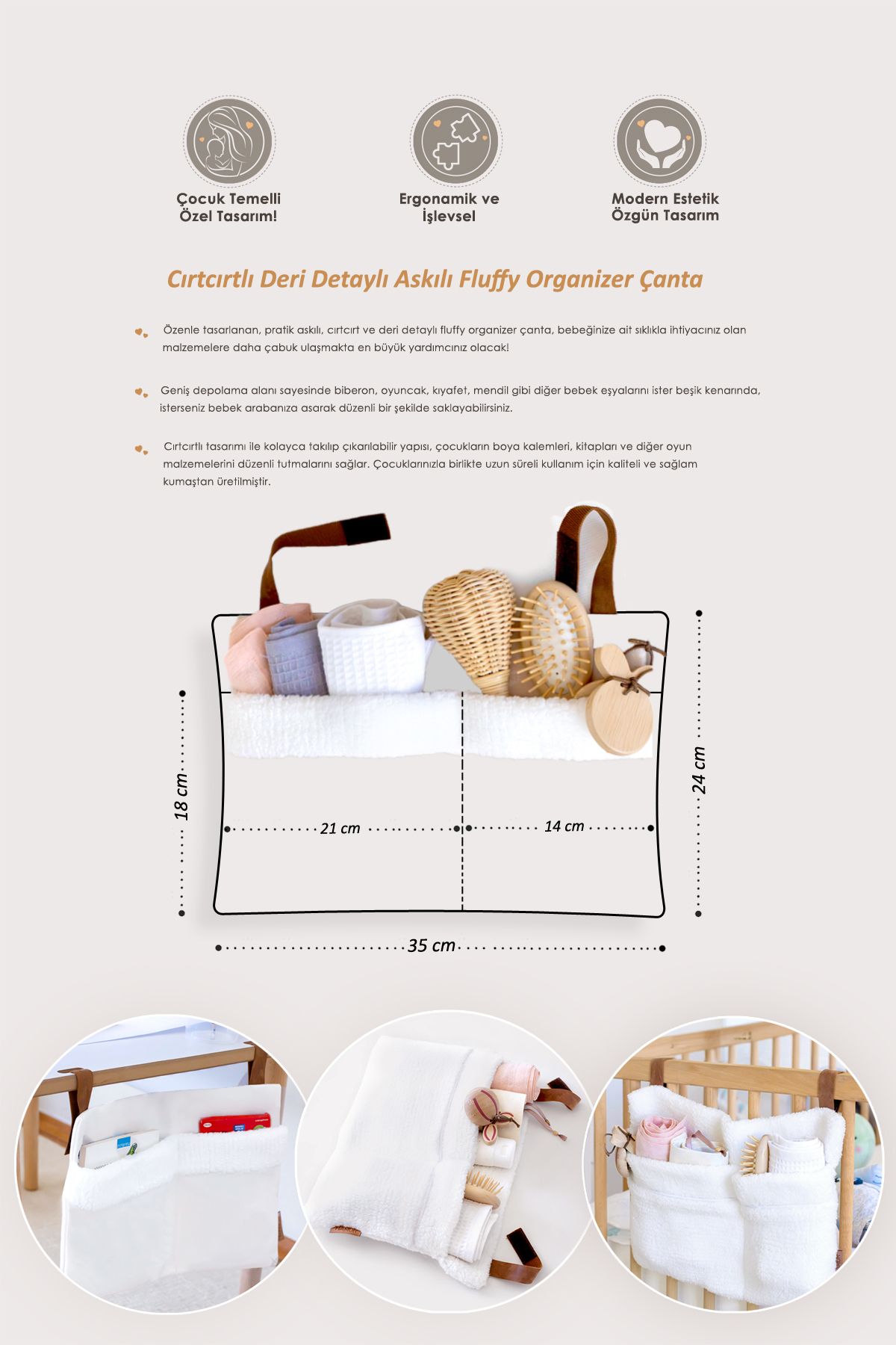 HAMUR Pratik Askılı Organizer Bebek Arabası Beşik Kenar Fluffy Organizer Solid Gri fotoğrafı 3 (önizleme)