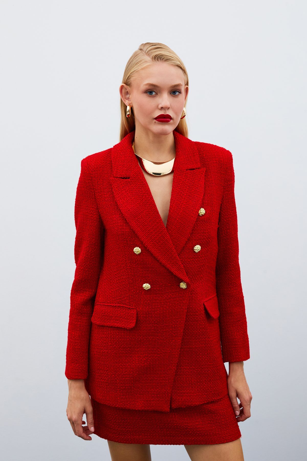 Sateen-Red Tweed Jacket - Button Detailed 4