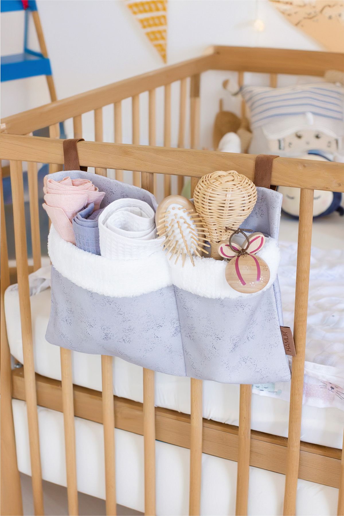 HAMUR Pratik Askılı Organizer Bebek Arabası Beşik Kenar Fluffy Organizer Solid Gri fotoğrafı 5 (önizleme)