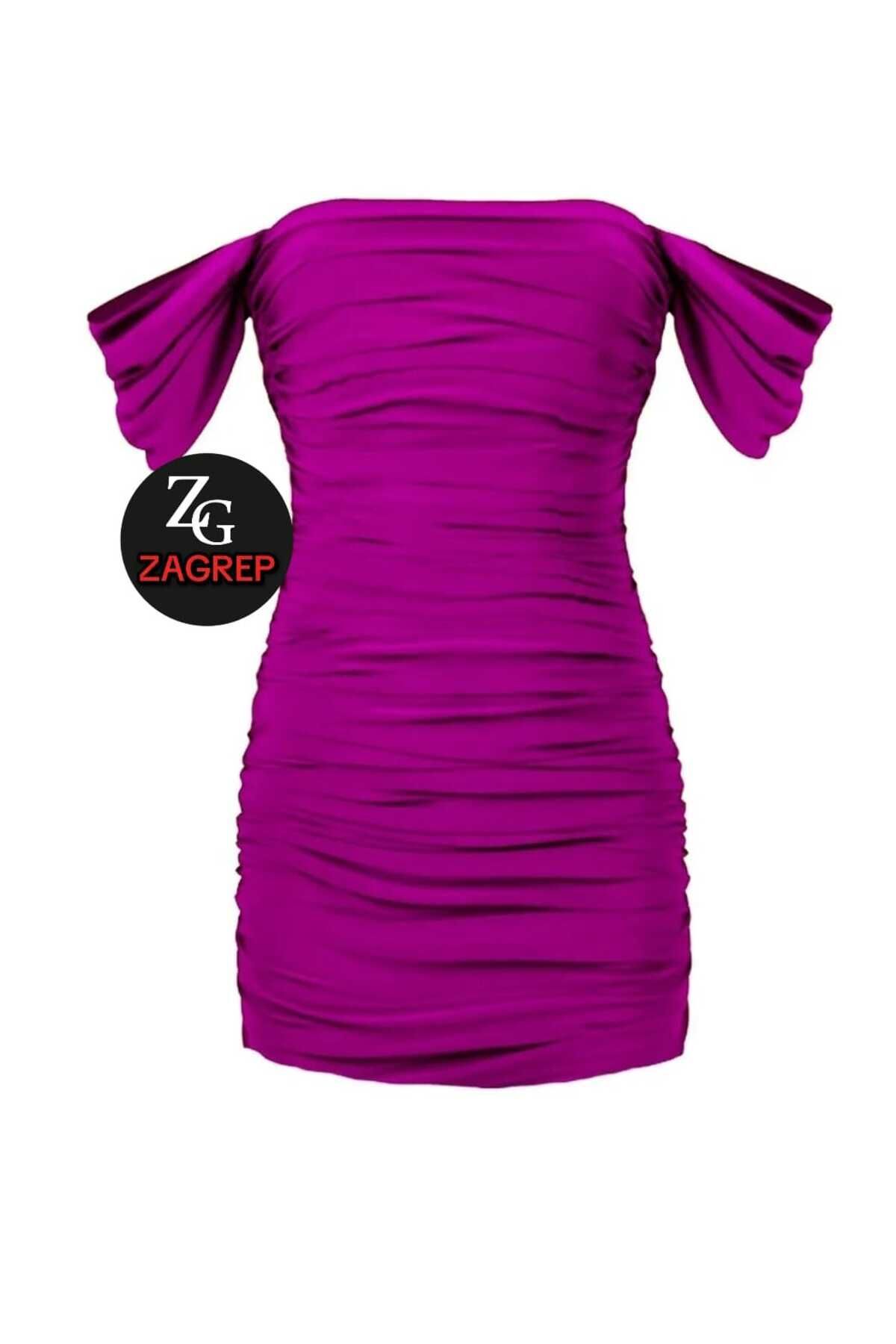 Women's Purple Mini Draped Ruched Lined Zippered Anti-Show Sleeve Imported Jersey Mini Dress
