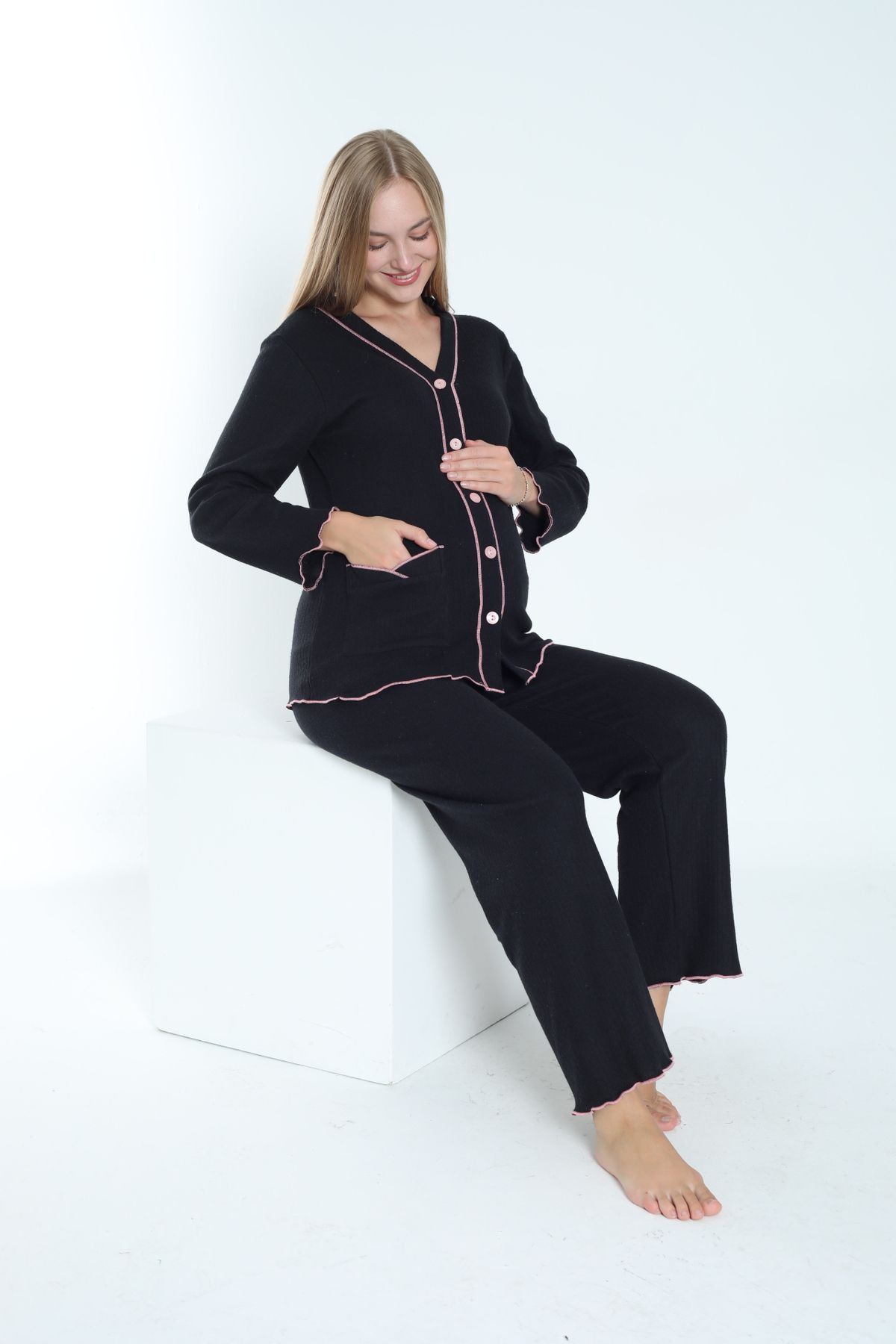 Miss Dünya Lissa Önden Düğmeli Ayarlanabilir Bel Kol ve Paça Fırfır Detaylı Hamile ve Lohusa Pijama Takımı fotoğrafı 5 (önizleme)