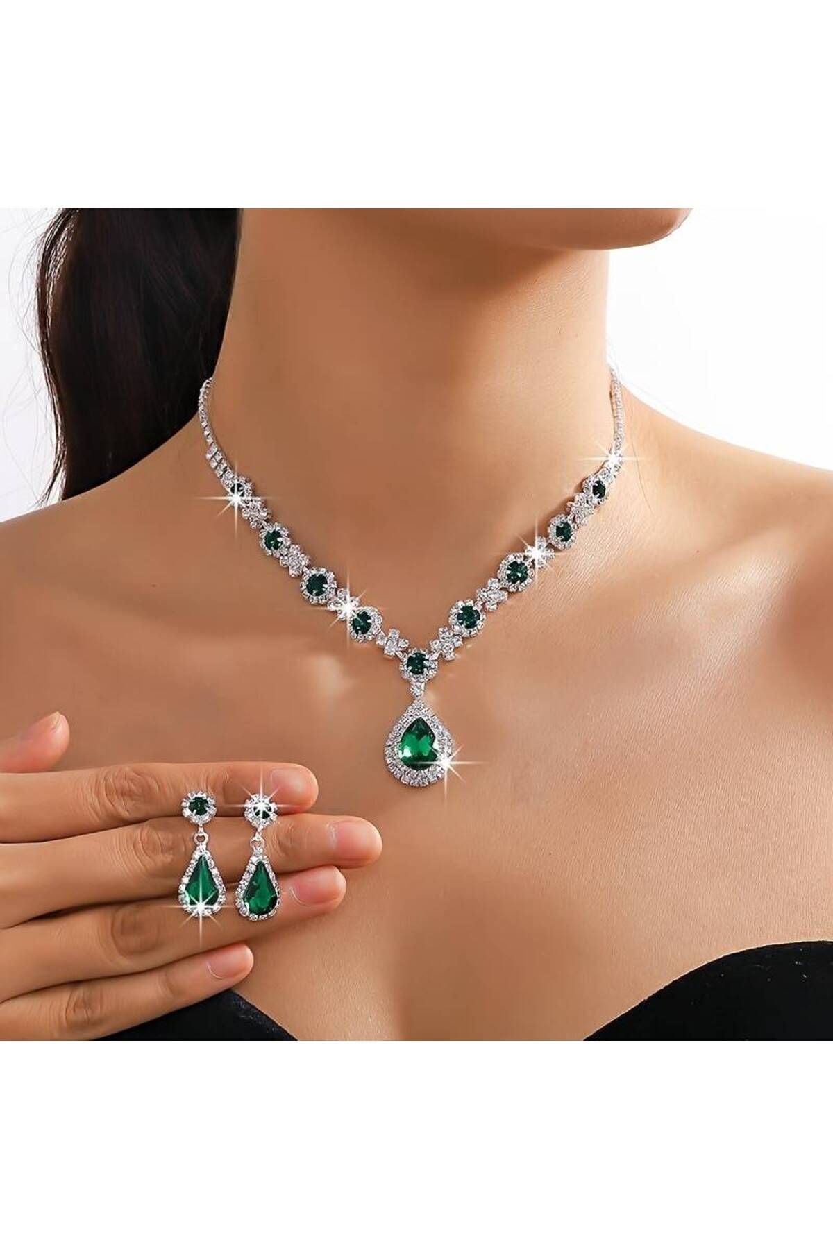 Yeşil Kristal Taşlı Kolye Ve Küpe Seti Özel Günler Seti Düğün Seti Nişan Abiye Seti Gelin Takısı