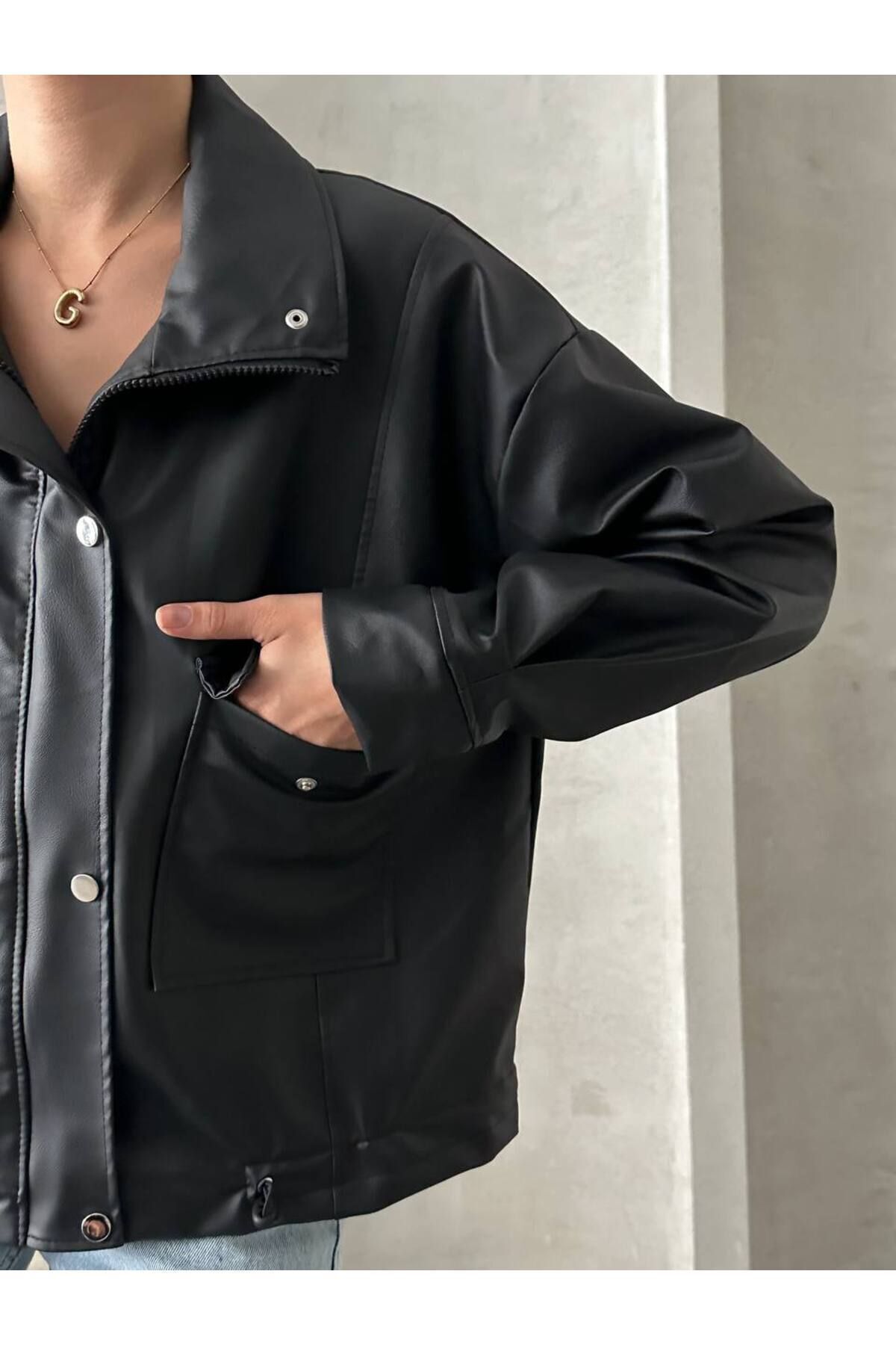 İLKCET MODA-Jachetă oversize din piele artificială pentru femei cu fermoar 3