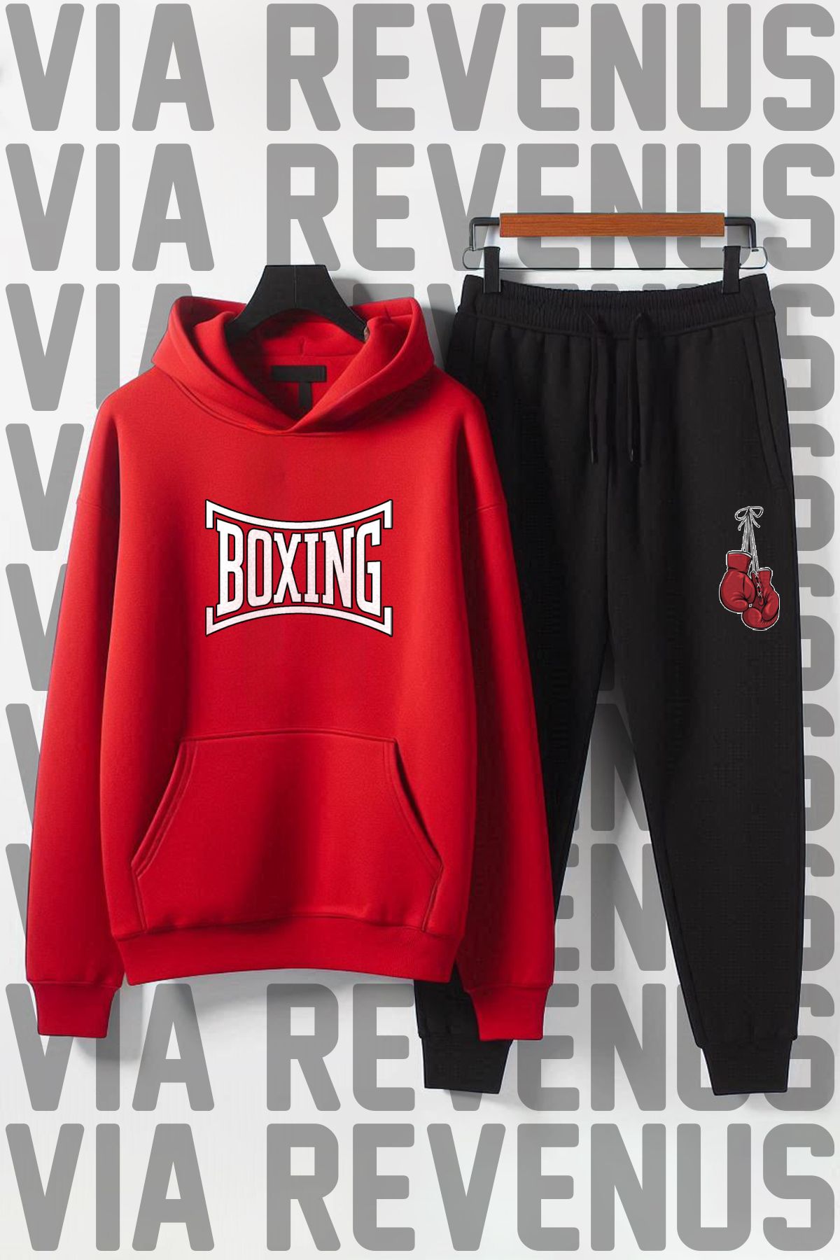 Vordevia Boks Eldiveni Baskılı Unisex Geniş Kalıp Yumuşak Kumaş Kapüşonlu Eşofman Takımı