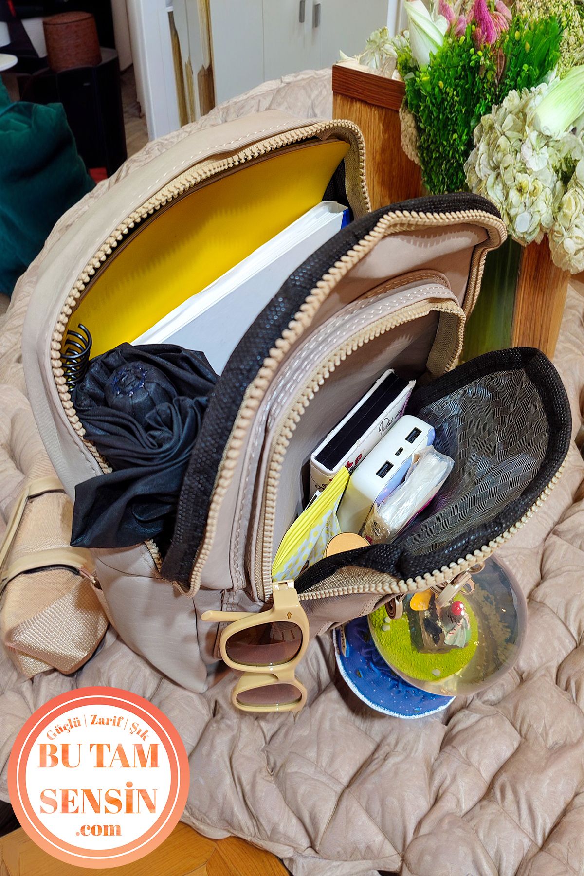 Bu Tam Sensin  Siyah Kadın Su Geçirmez Krinkıl Kumaşlı Fermuarlı 5 Bölmeli Tutma Saplı Orta Boy Sırt Çantası - Görsel 7