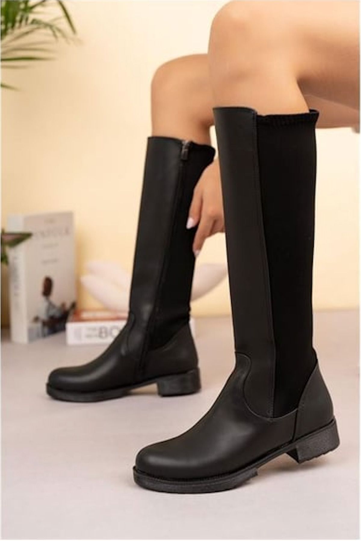Imagine-Lofty Leather Look Zippered Back Flexible Stretch Below Knee Long Boots 2