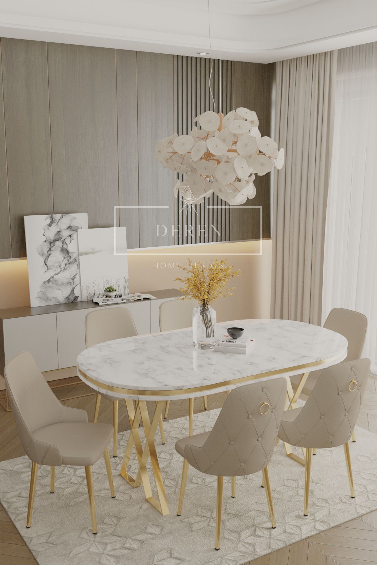 DEREN HOME Fe Serisi Lak Panel Mdf Beyaz Silinebilir Kumaş Gold Ayak Masa Takımı 6 Adet Kapiçino Sandalye