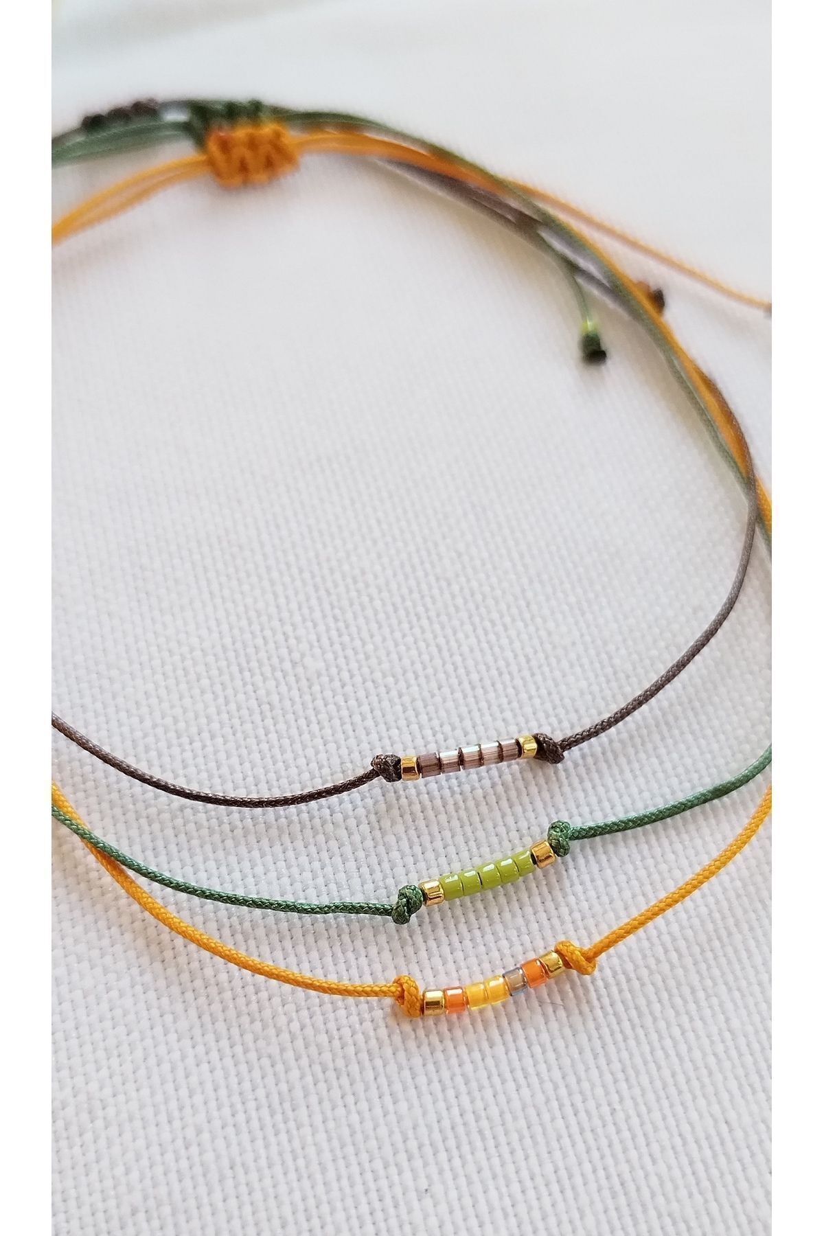 3-Piece Minimal Anklet Orange, green, Brown Drawstring Miyuki beaded