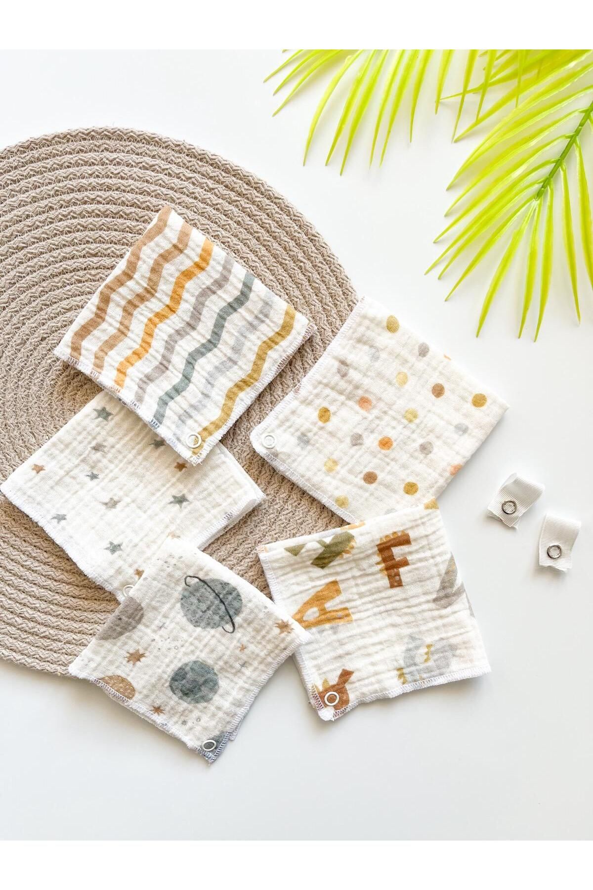 OBİMİNİ Organik Müslin Çıtçıtlı Bebek Mama Önlüğü ve Bebek Ağız Mendili ( 5 Adet ) fotoğrafı 2 (önizleme)