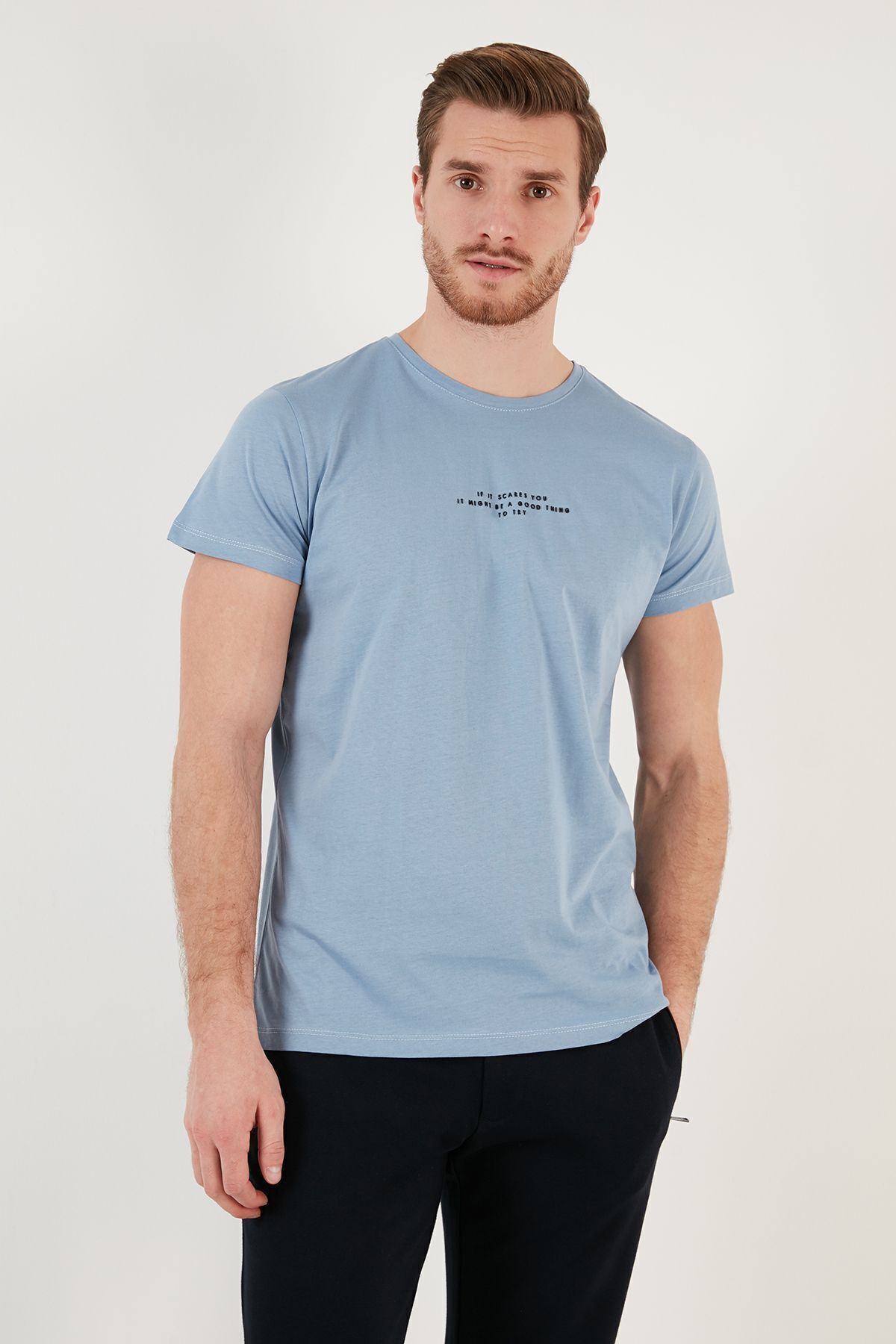 تیشرت مردانه آبی سرمه ای بوراتی | 541IFIT اورجینال - تصویر 3