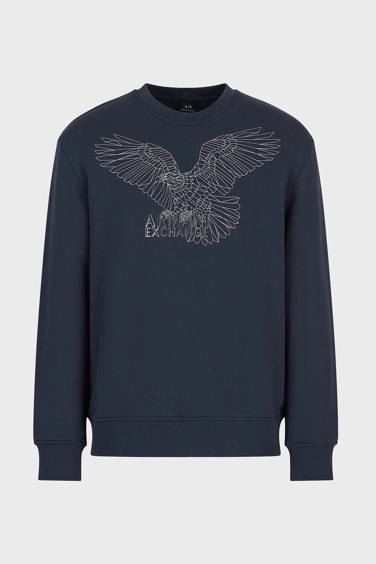 سویشرت آبی مردانه یقه دوچرخه مناسب طرح دار 100 ٪ عرق پنبه 6lzmhg zj6rz 1510 Armani Exchange