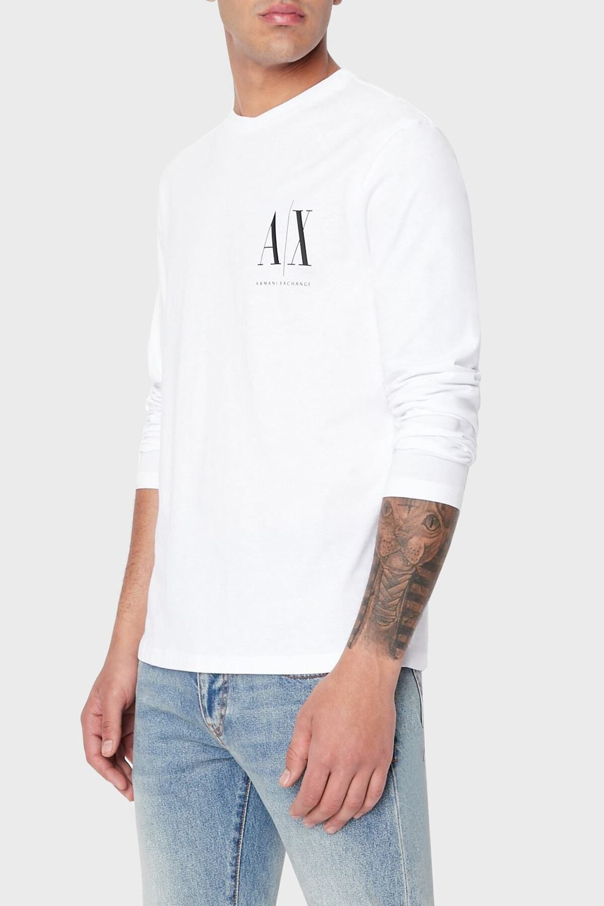 تی شرت سفید مردانه یقه دوچرخه مناسب آستین بلند 100 ٪ پیراهن پنبه ای 8nztpl Armani Exchange