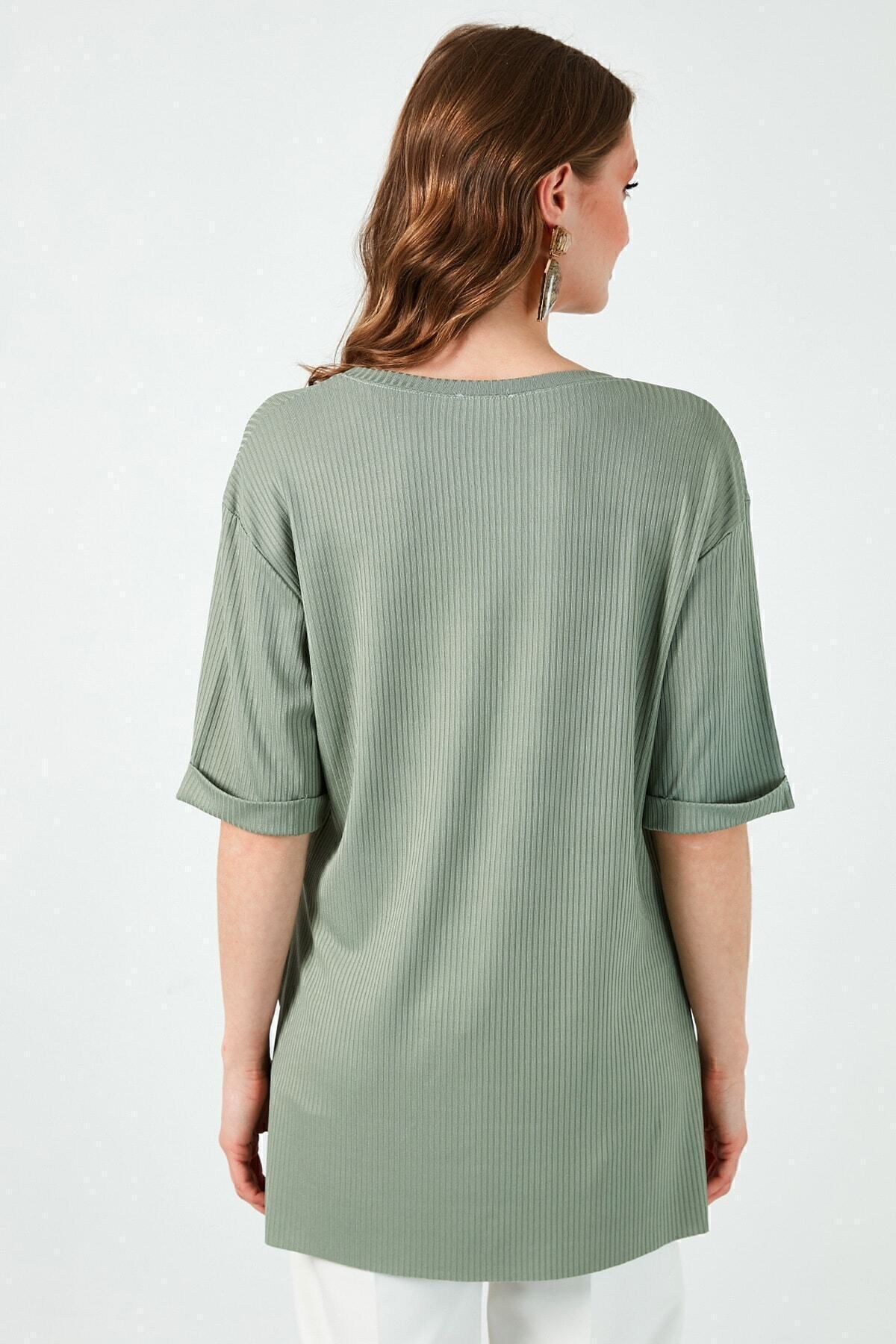 Lela-Women's Green Oversize Crew Neck Slit Detailed Blouse 5863683 5