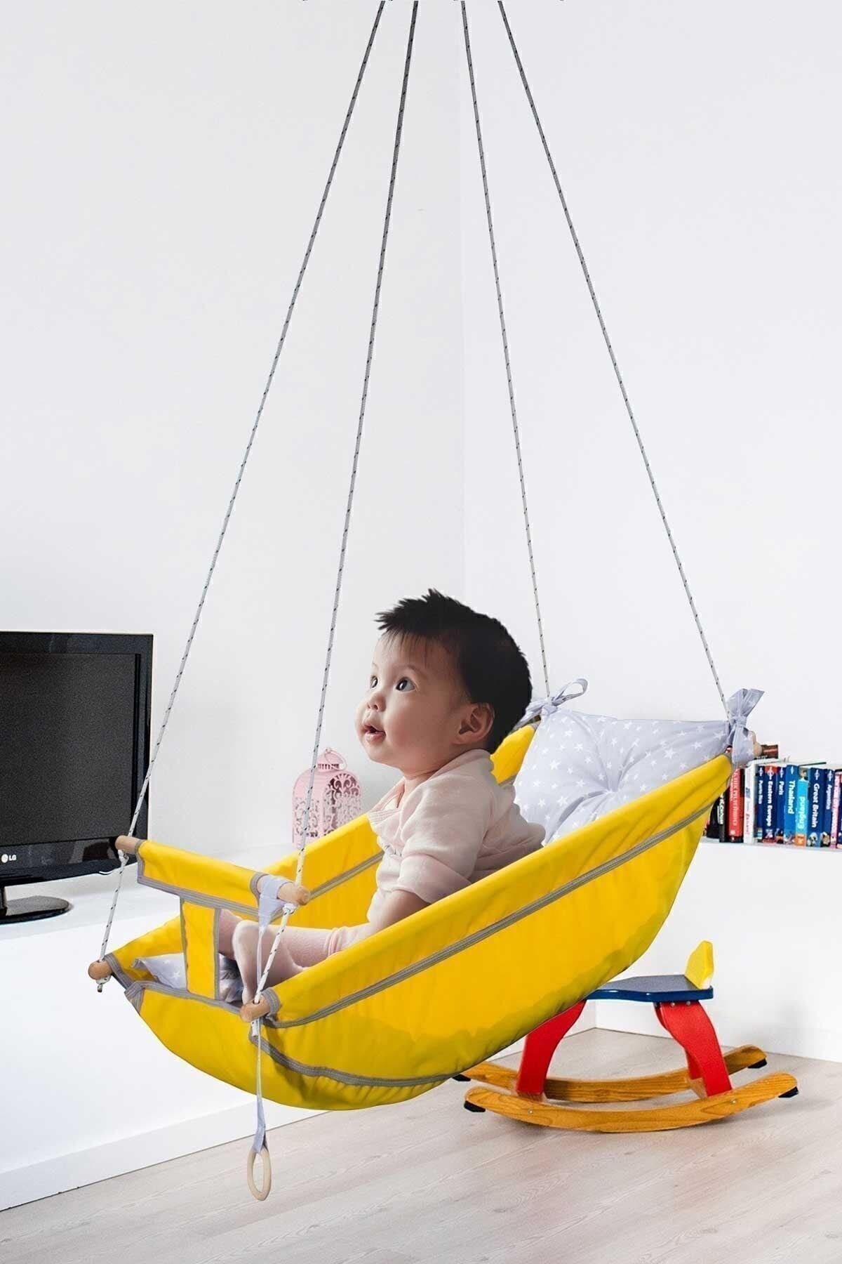 Bundeba Kids Sarı Bebek Uyku Salıncağı Çocuk Ahşap Hamak Beşik Salıncak Minderli Yatak Seti