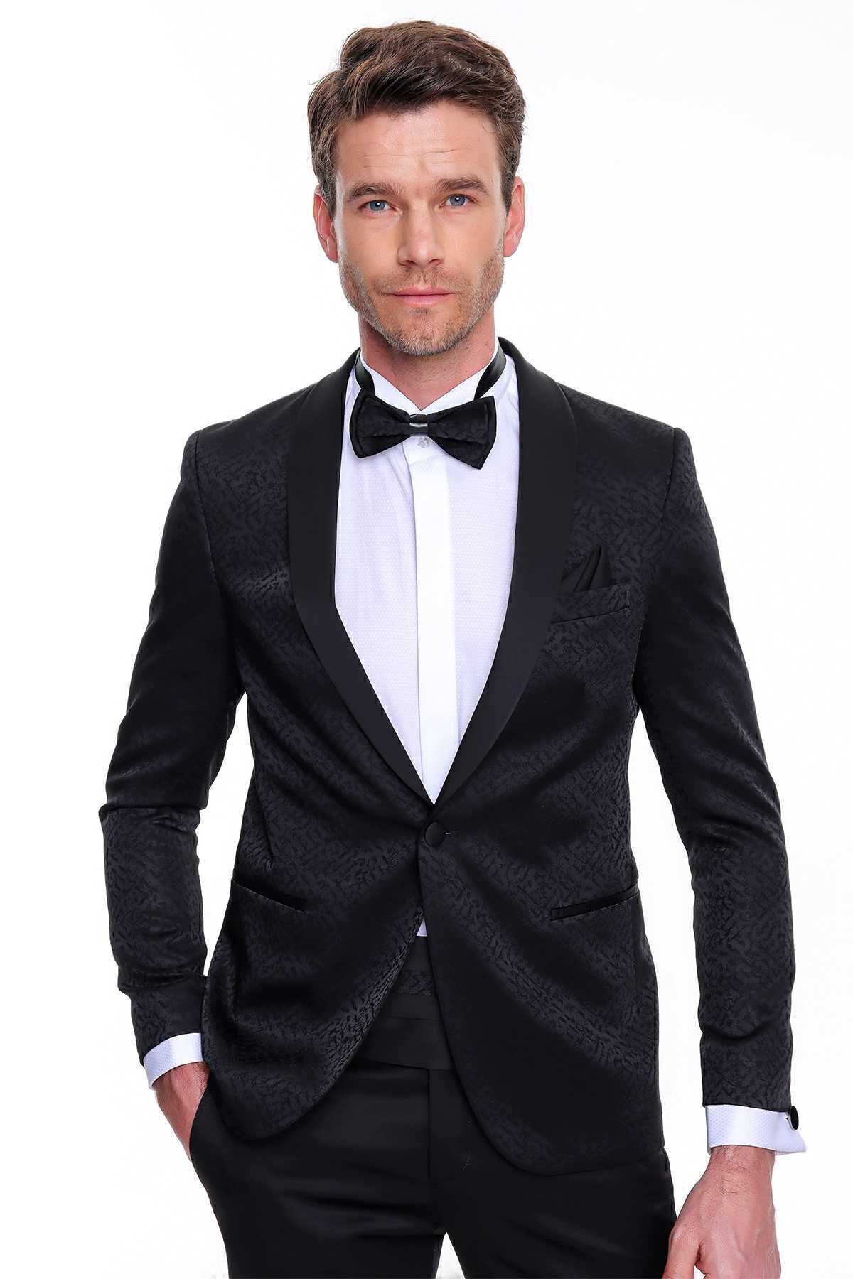 Morven-Мъжки черен Guisa Slim Fit Slim Fit жакардов смокинг 4