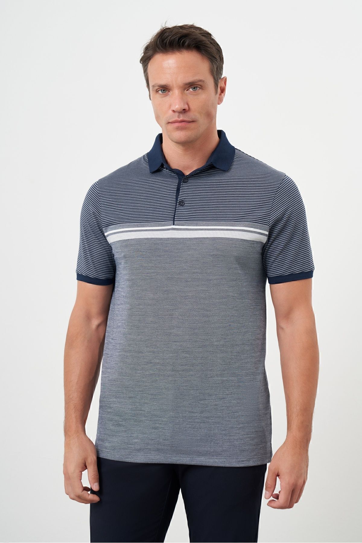 Morven-Men's Navy Blue Trend Striped Polo Neck Dynamic Fit T-Shirt 1