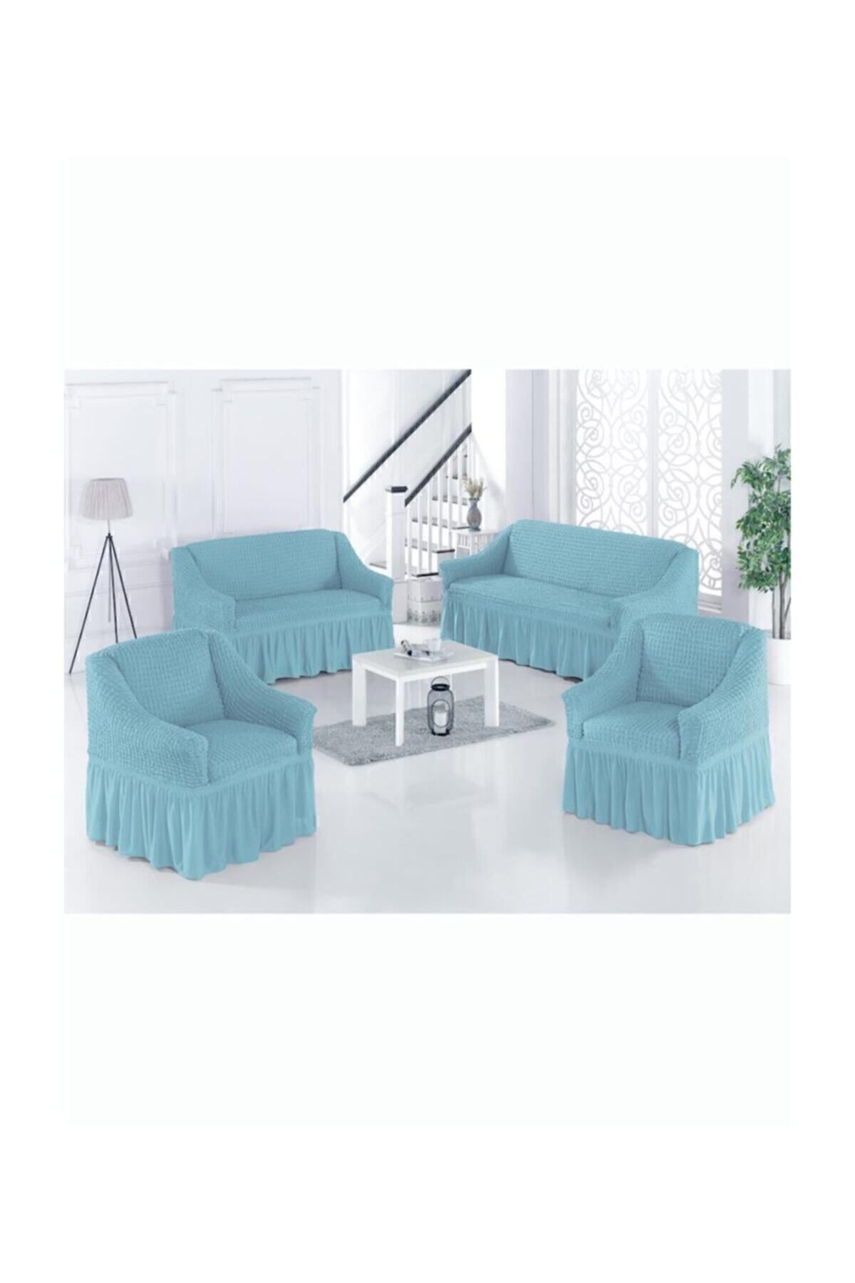 روکش مبل سفید پنبه 3+2+1+1 صندلی فیروزه Karna Home