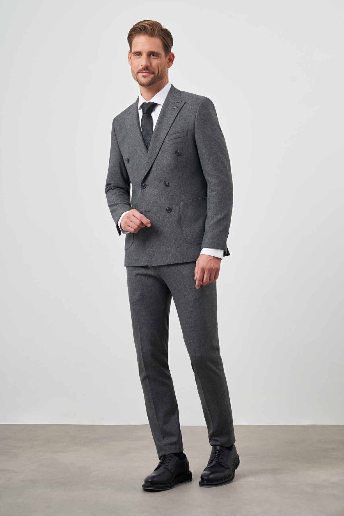 costume homme gris en polyviscose trend à double boutonnage slim fit à col pointu