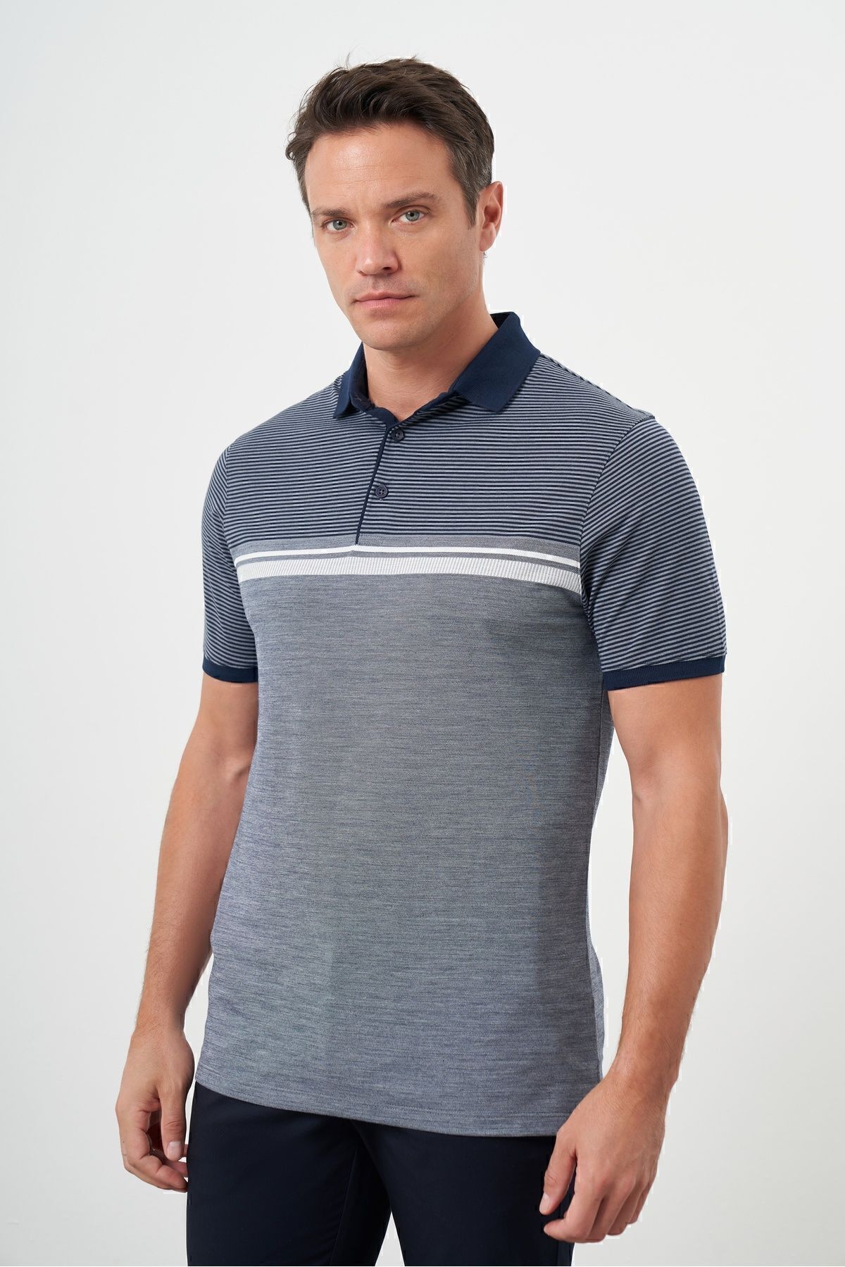 Morven-Men's Navy Blue Trend Striped Polo Neck Dynamic Fit T-Shirt 3