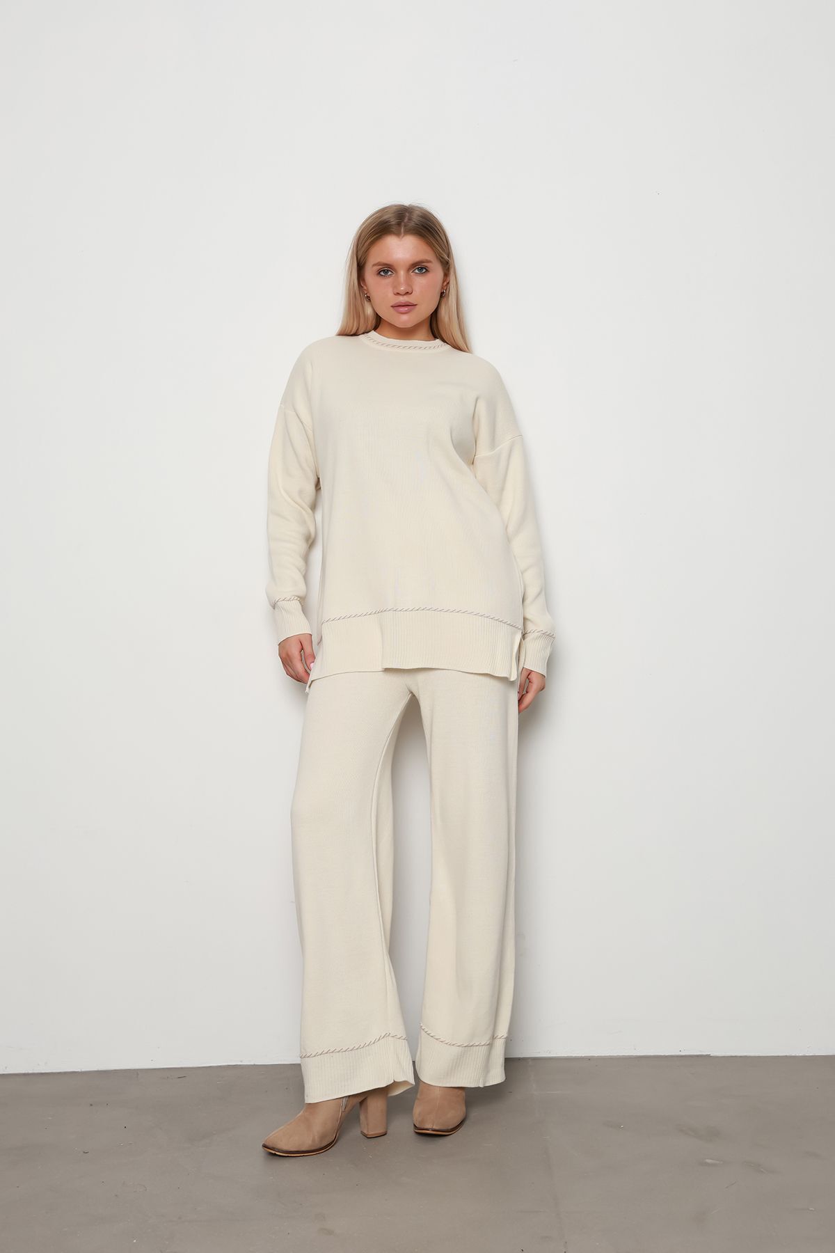 Collar and Hem Detailed Double Knitwear Set ECRU